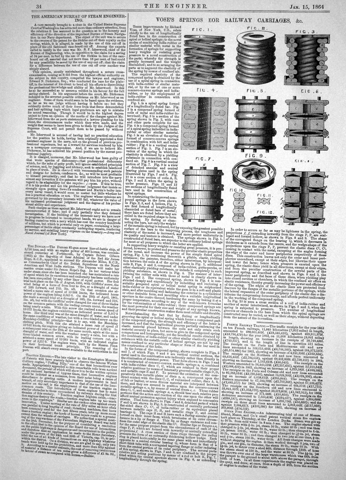 Old Antique Print Engineering 1864 Richard Vose Springs Railway Carriages 19th