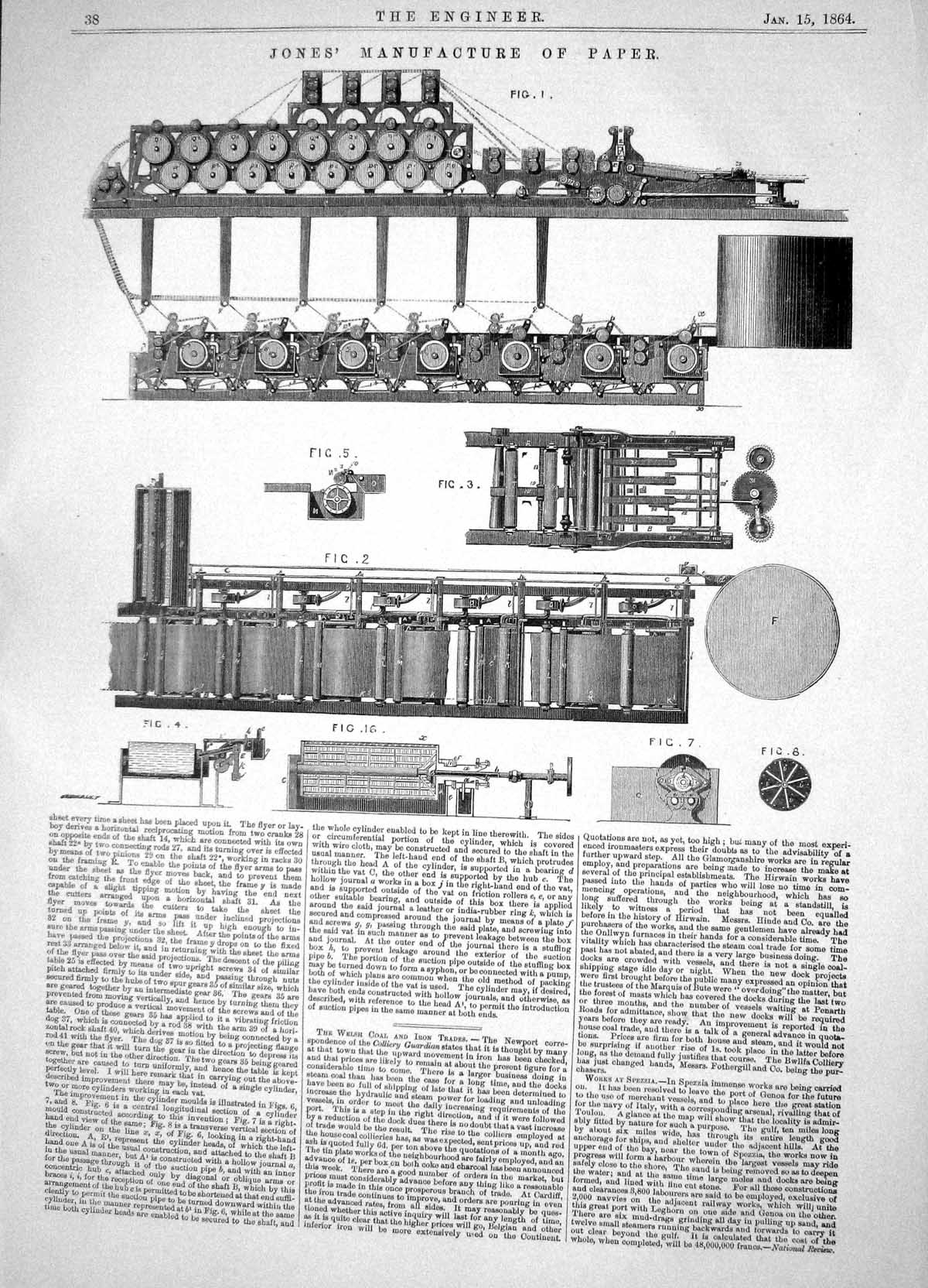 Old Engineering 1864 Jones Manufacture Paper Machinery Section Cylind Victorian