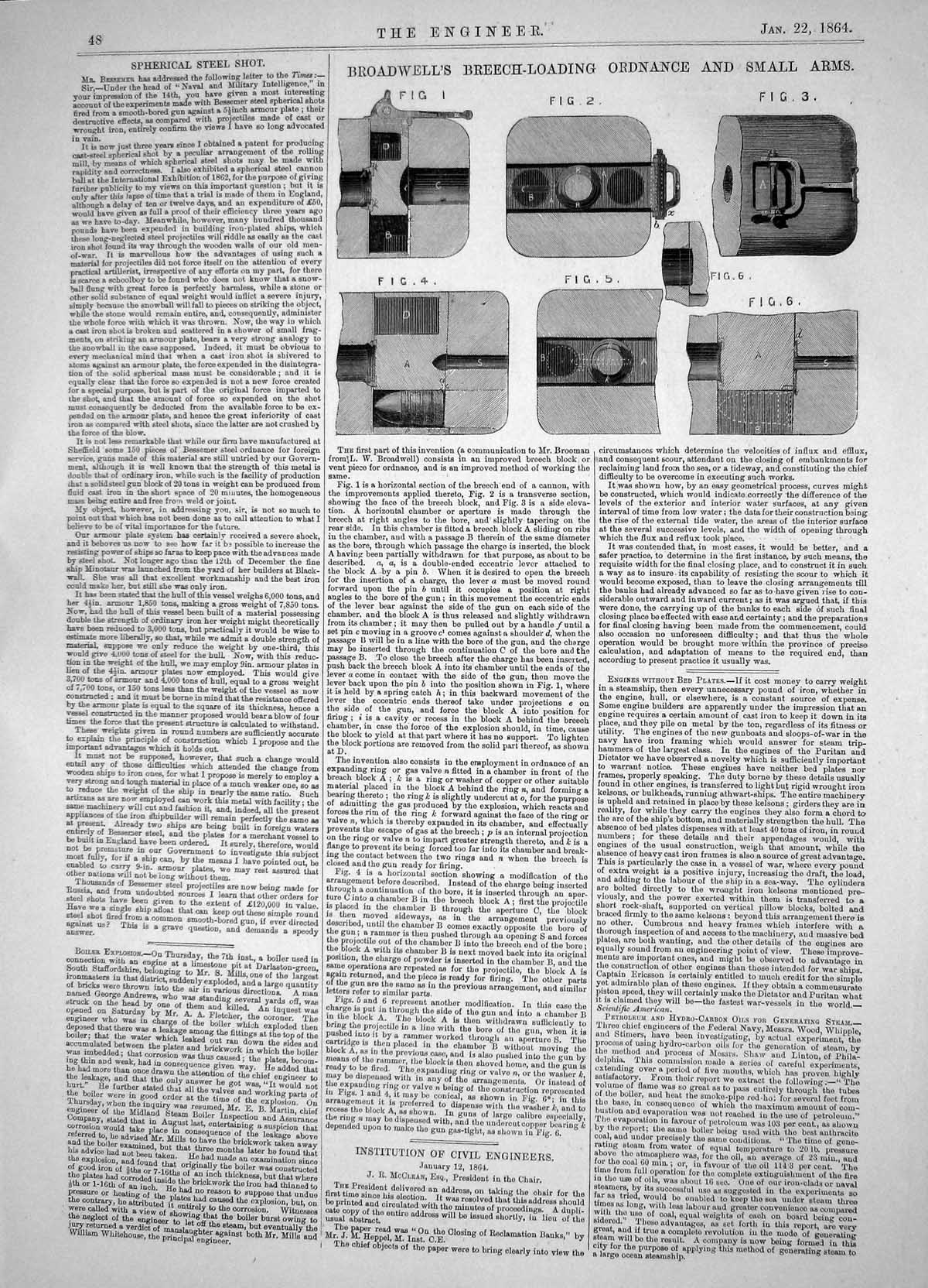 Antique Print Engineering 1864 Broadwell Breech-Loading Ordnance Small Arms