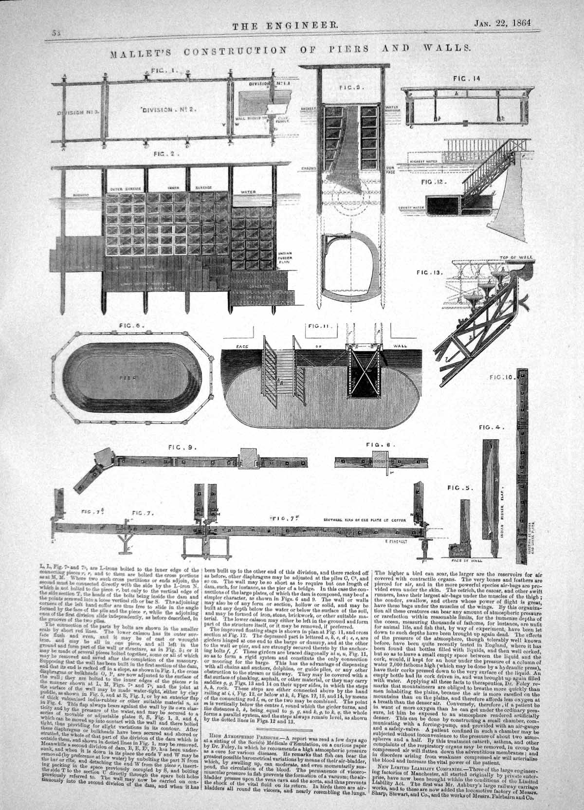 Old Antique Print Engineering 1864 Mallet Construction Piers Walls Plan 19th