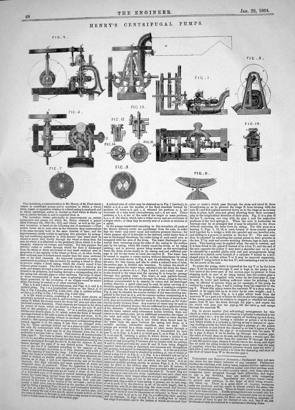 Original Old Antique Print Engineering 1864 Henry Centrifugal Pumps Machinery