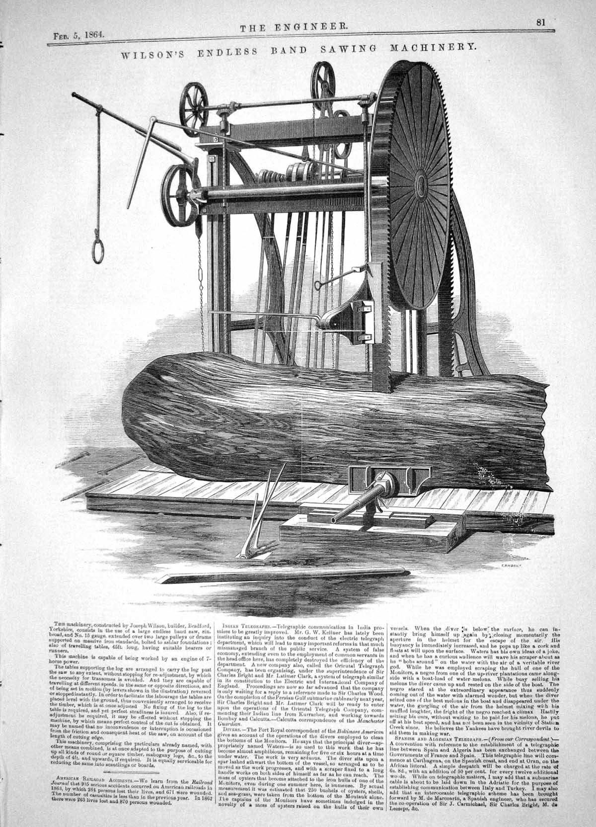 Antique Print Engineering 1864 Joseph Wilson Endless Band Sawing Machinery 19th