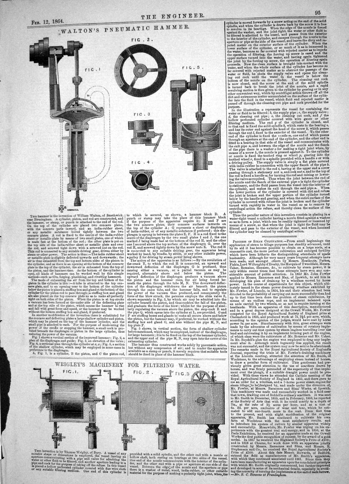 Old Print 1864 Walton Pneumatic Hammer Wrigley Machinery Filtering Water 19th