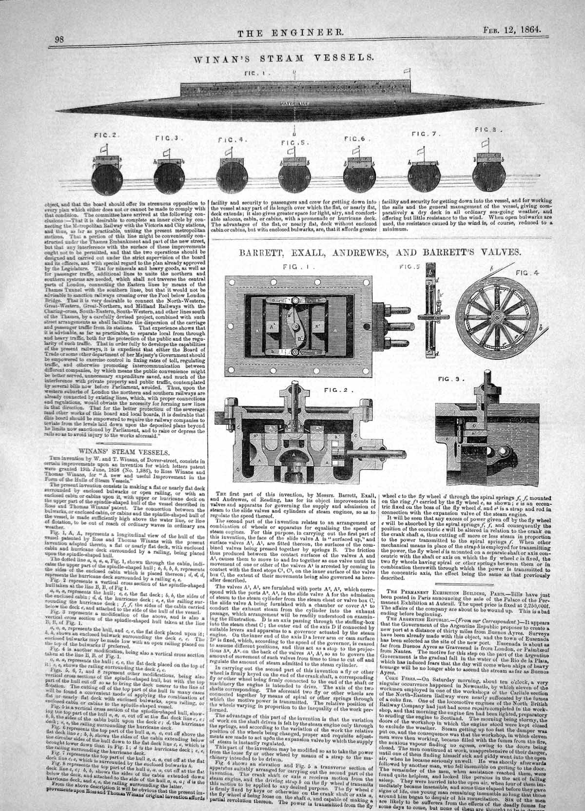Old Print 1864 Winan Steam Vessels Barrett Exall Andrewes Barrett Valves 19th