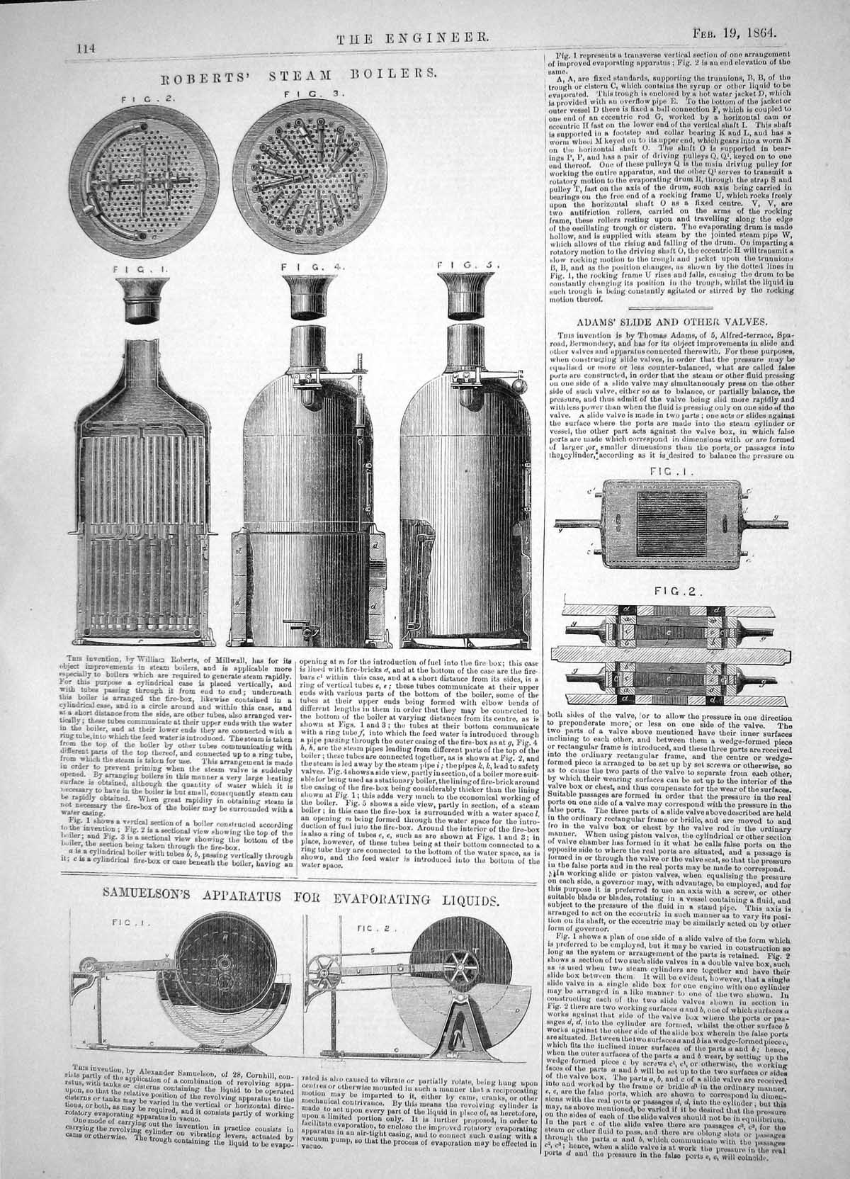 Old Print 1864 Roberts Steam Boilers Samuelson Evaporating Liquids Adams 19th
