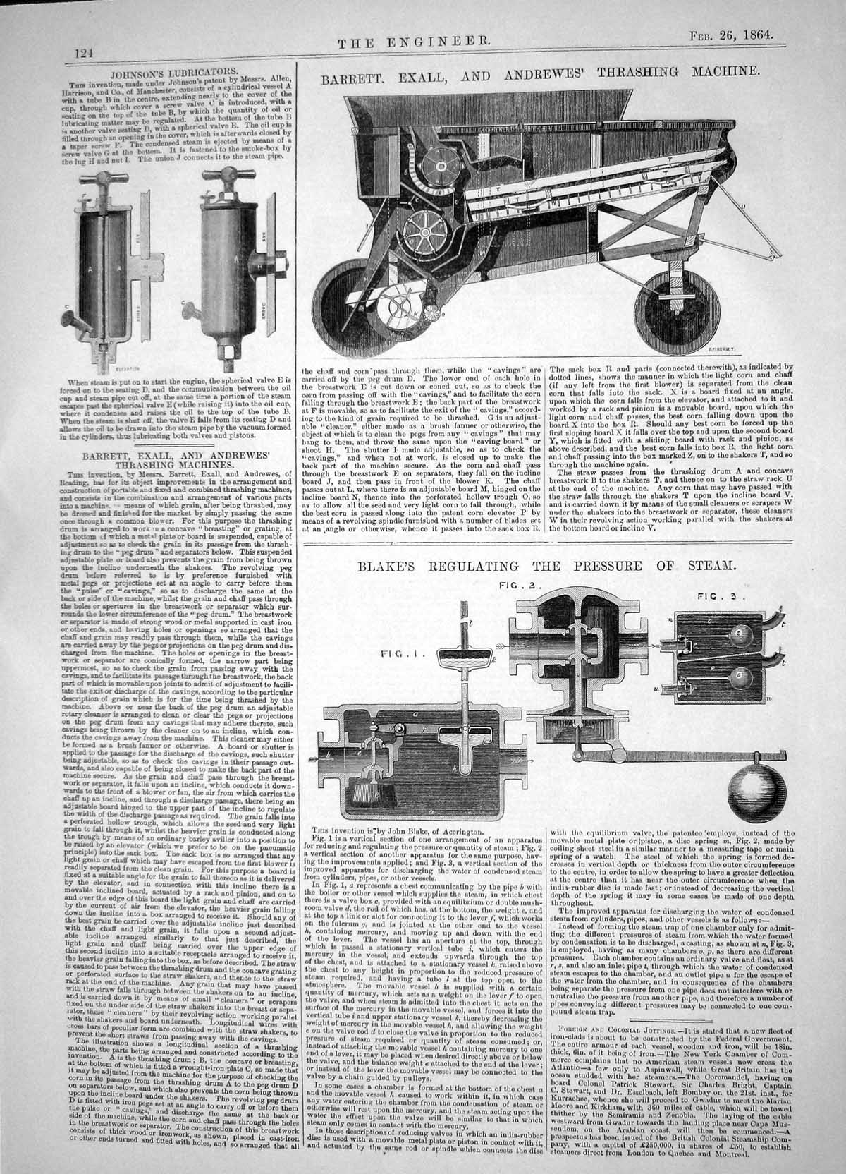 Antique Old Print 1864 Barrett Exall Andrewes Thrashing Machine Blake Johnson