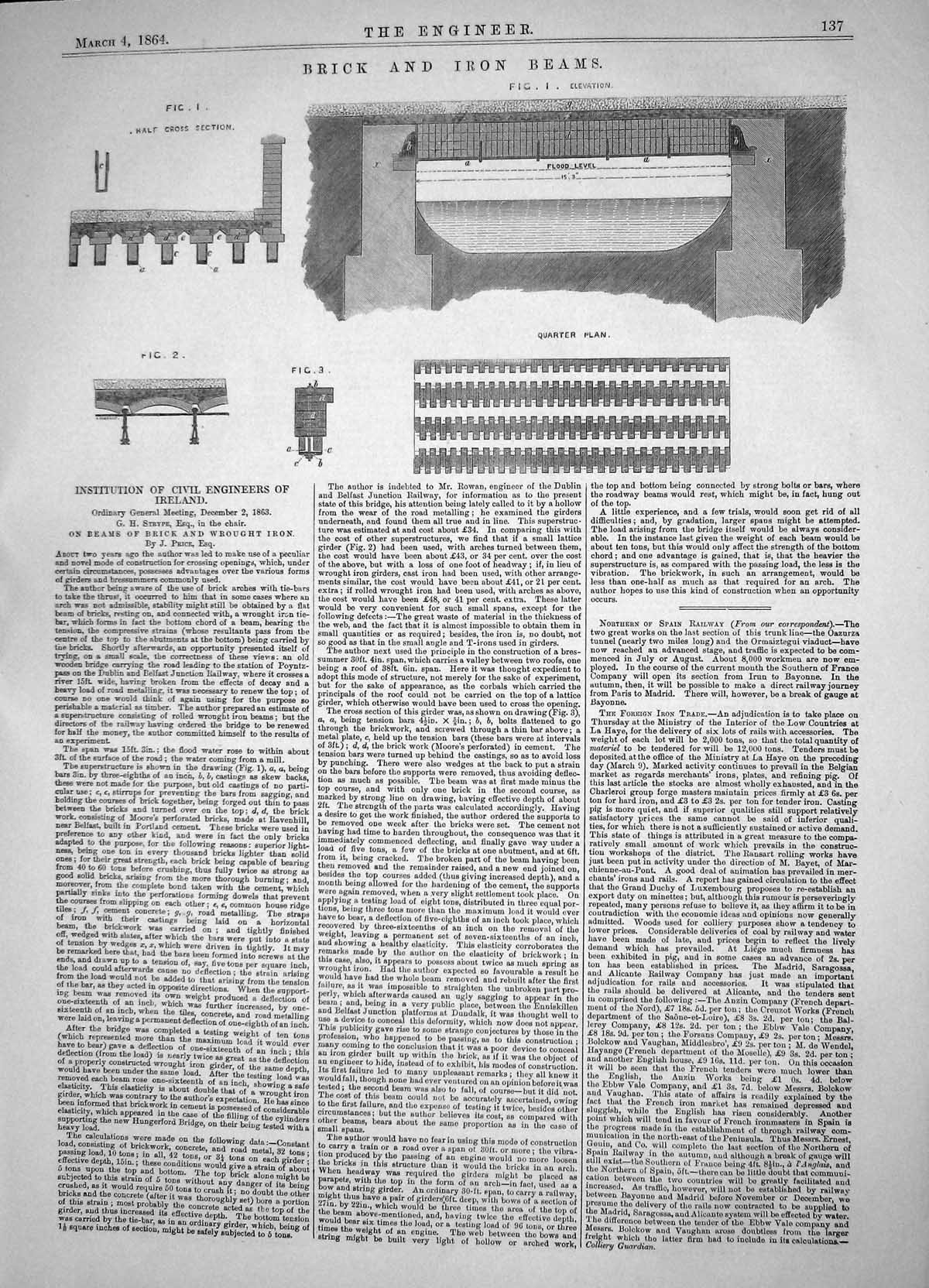 Antique Old Print Institution Civil Engineering Ireland 1864 Brick Iron Beams