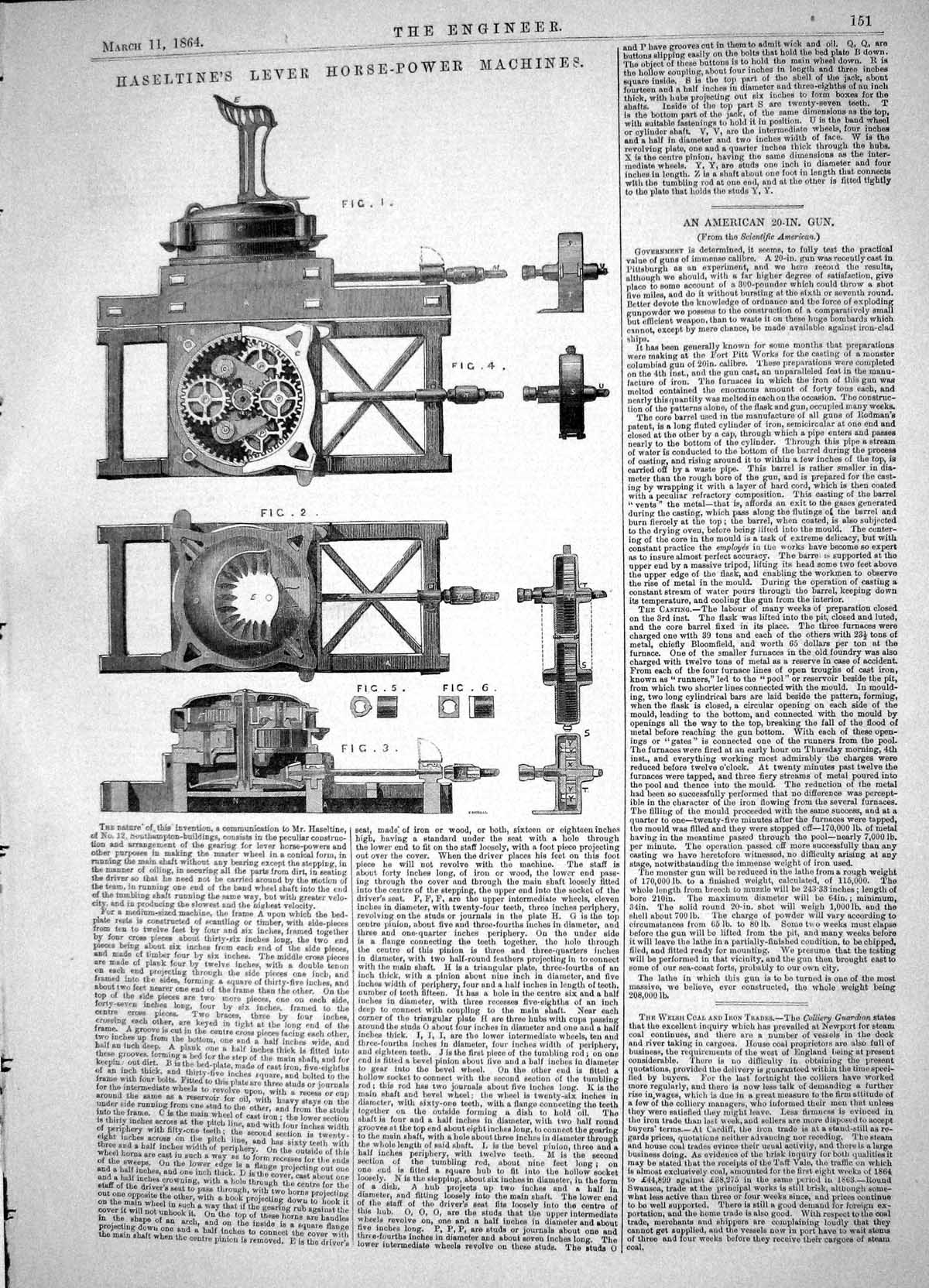 Old Antique Print Engineering 1864 Haseltine Lever Horse-Power Machines 19th