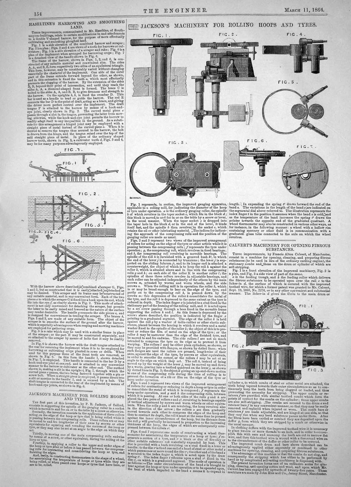Antique Old Print 1864 Jackson Machinery Haseltine Harrowing Calvert Fibrous