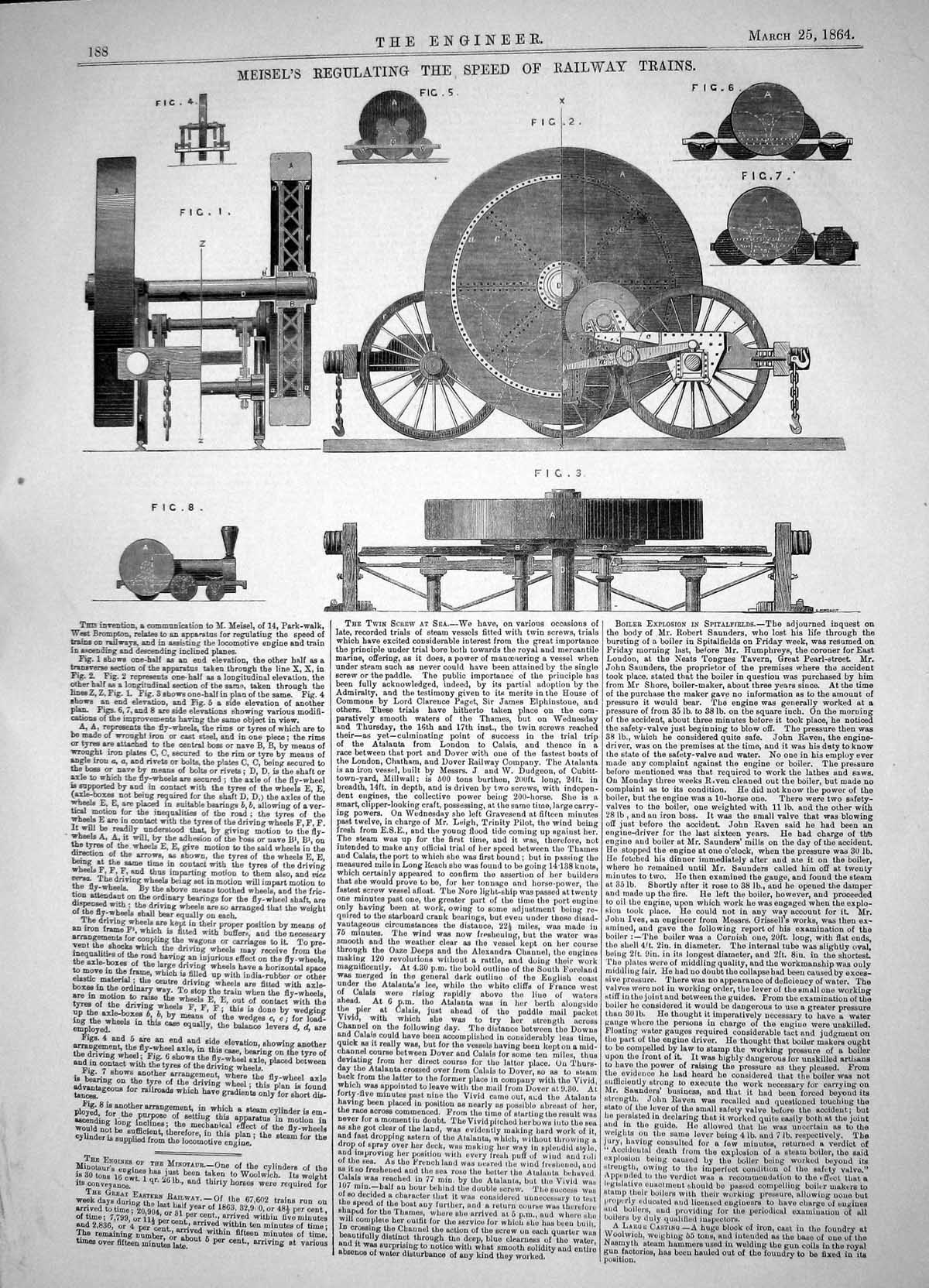 Old Engineering 1864 Meisel Regulating Speed Railway Trains Machinery Victorian