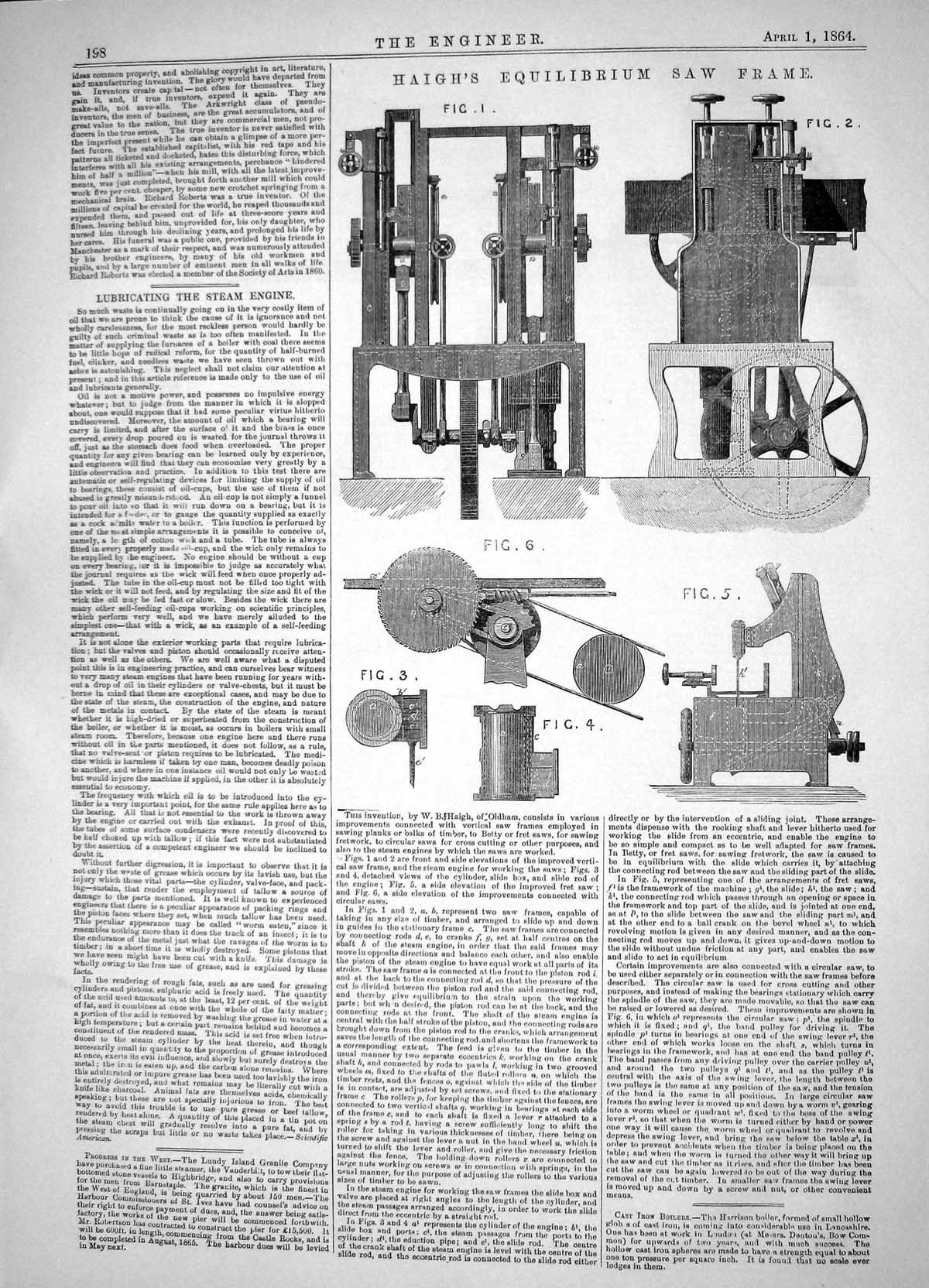 Old Antique Print Engineering 1864 Haigh Equilibrium Saw Frame Machinery 19th