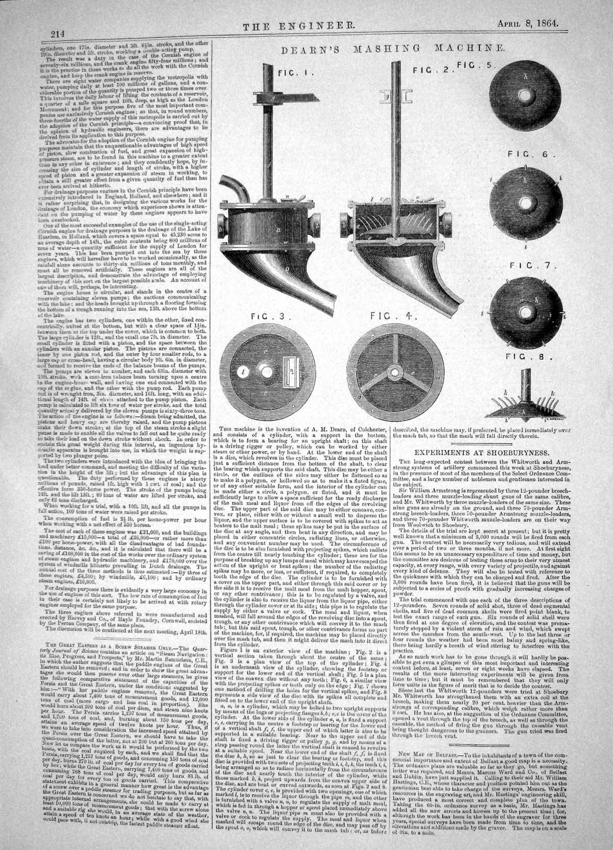 Antique Old Print 1864 Dearn Mashing Machine Cylinder Pulley Shaft Colchester