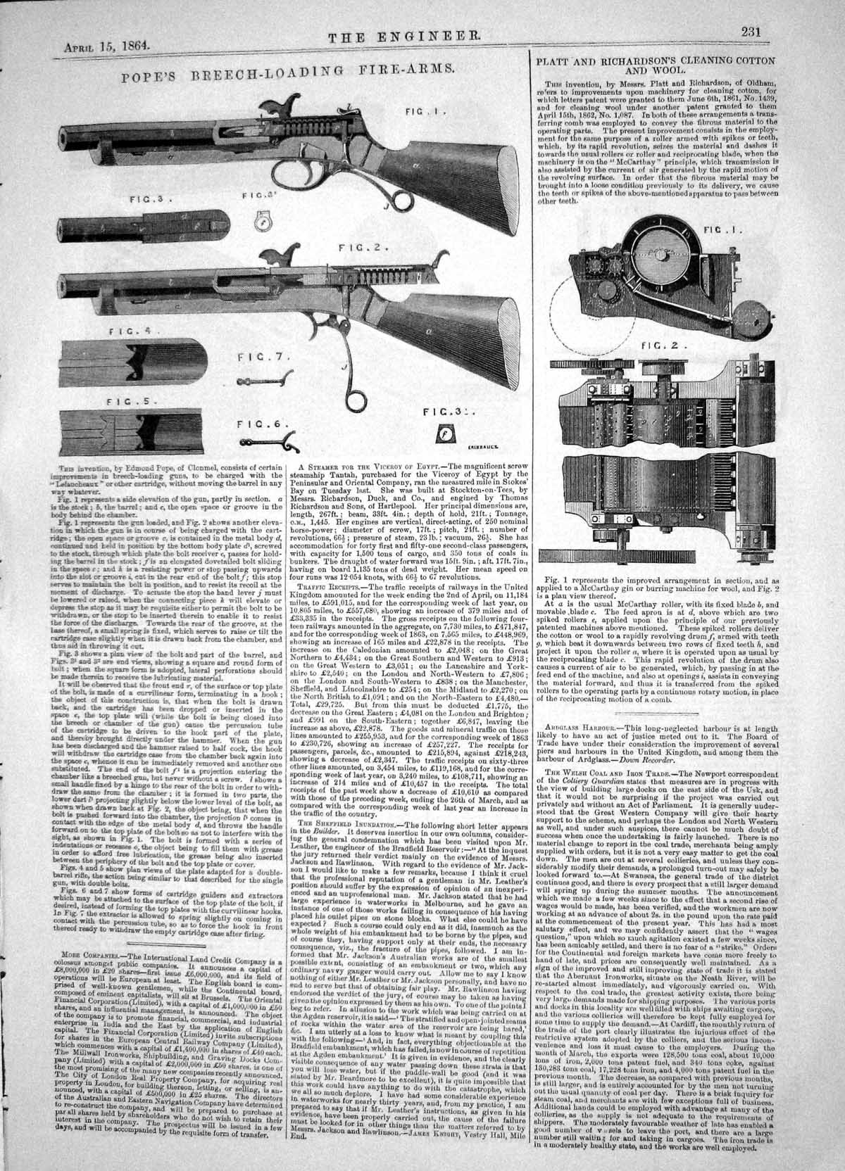 Antique Old Print 1864 Pope Breech-Loading Fire-Arms Platt Richardson Cotton