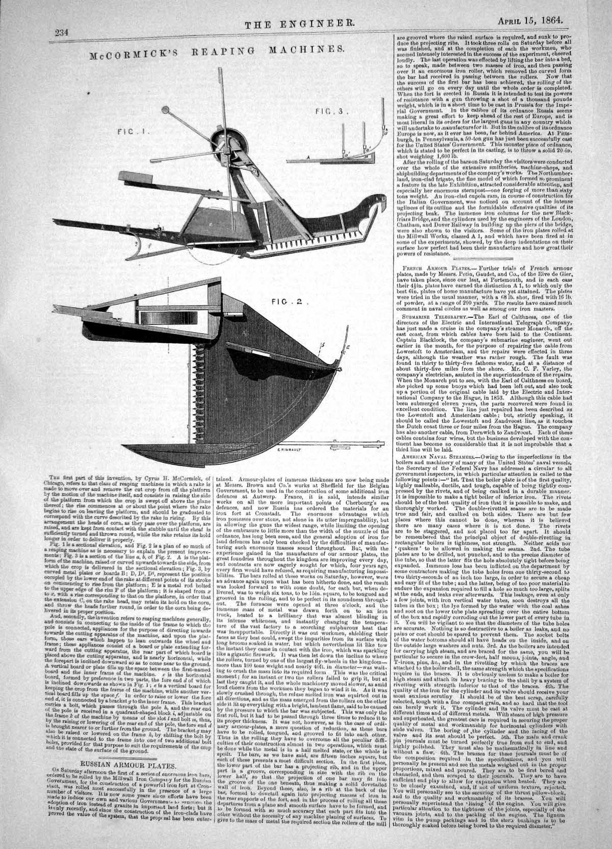 Old Print Engineering 1864 Cyrus Mccormick Reaping Machinery Agriculture 19th
