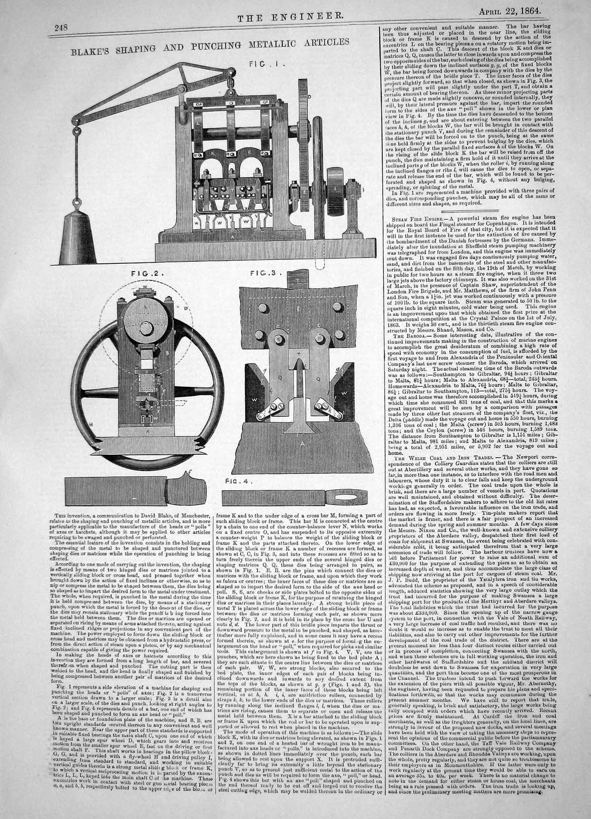 Old Engineering 1864 Blake Shaping Punching Metallic Articles Machine Victorian