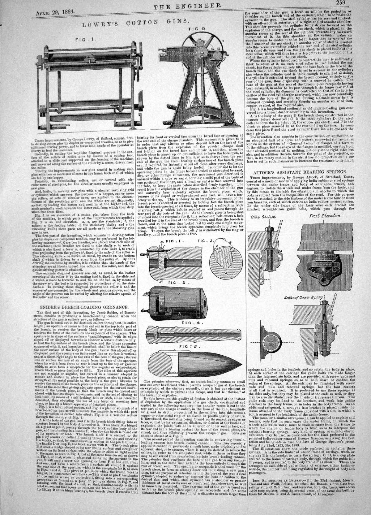 Antique Print 1864 Lowry Cotton Gins Snider Breech Loading Ordnance Attock 19th