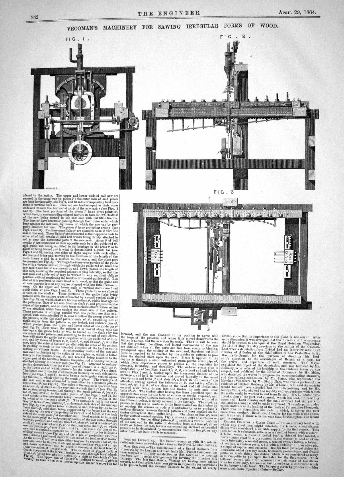 Old Print Engineering 1864 Vrooman Machinery Sawing Irregular Forms Wood 19th