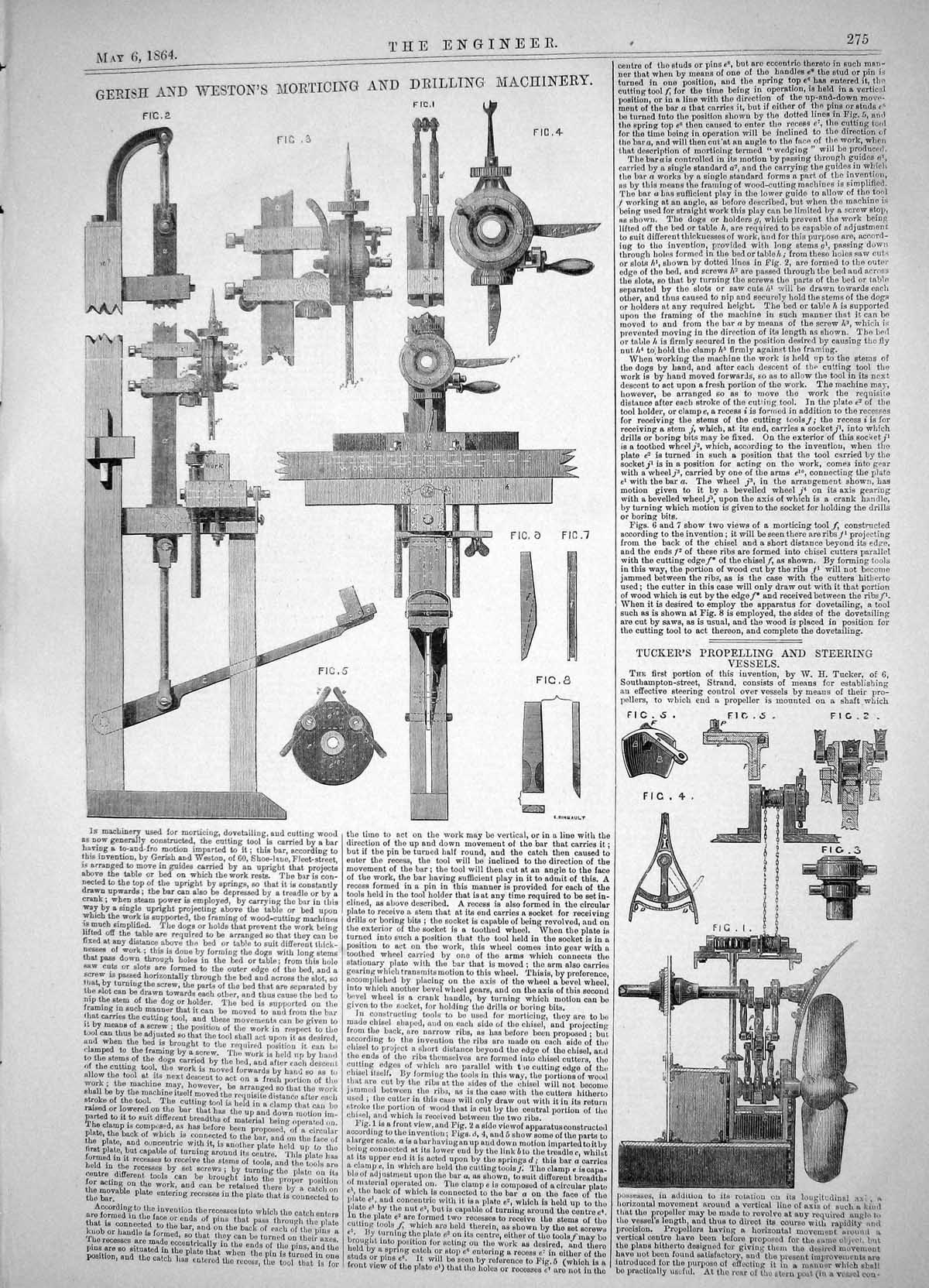 Old Print 1864 Gerish Weston Morticing Drilling Machinery Tucker Steering 19th