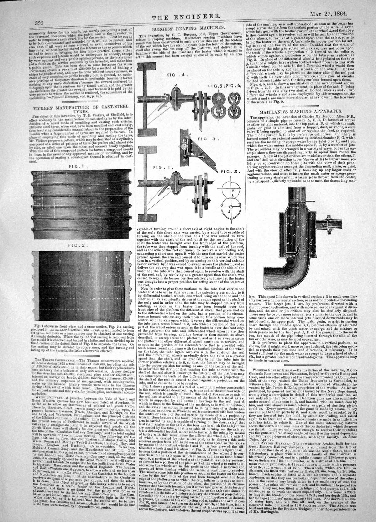 Antique Old Print 1864 Vickers Manufacture Cast-Steel Tyres Maitland Mashing