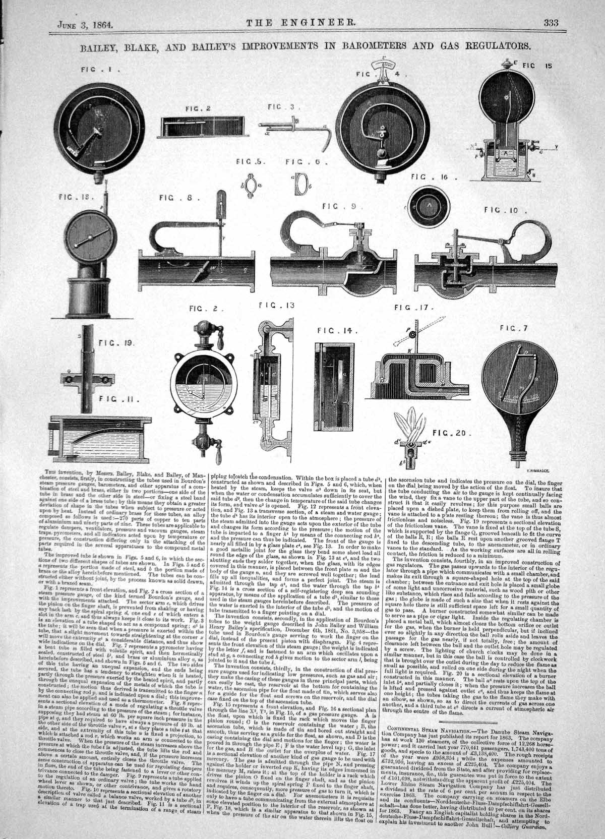 Old Print 1864 Bailey Blake Improvements Barometers Gas Regulators Crane 19th