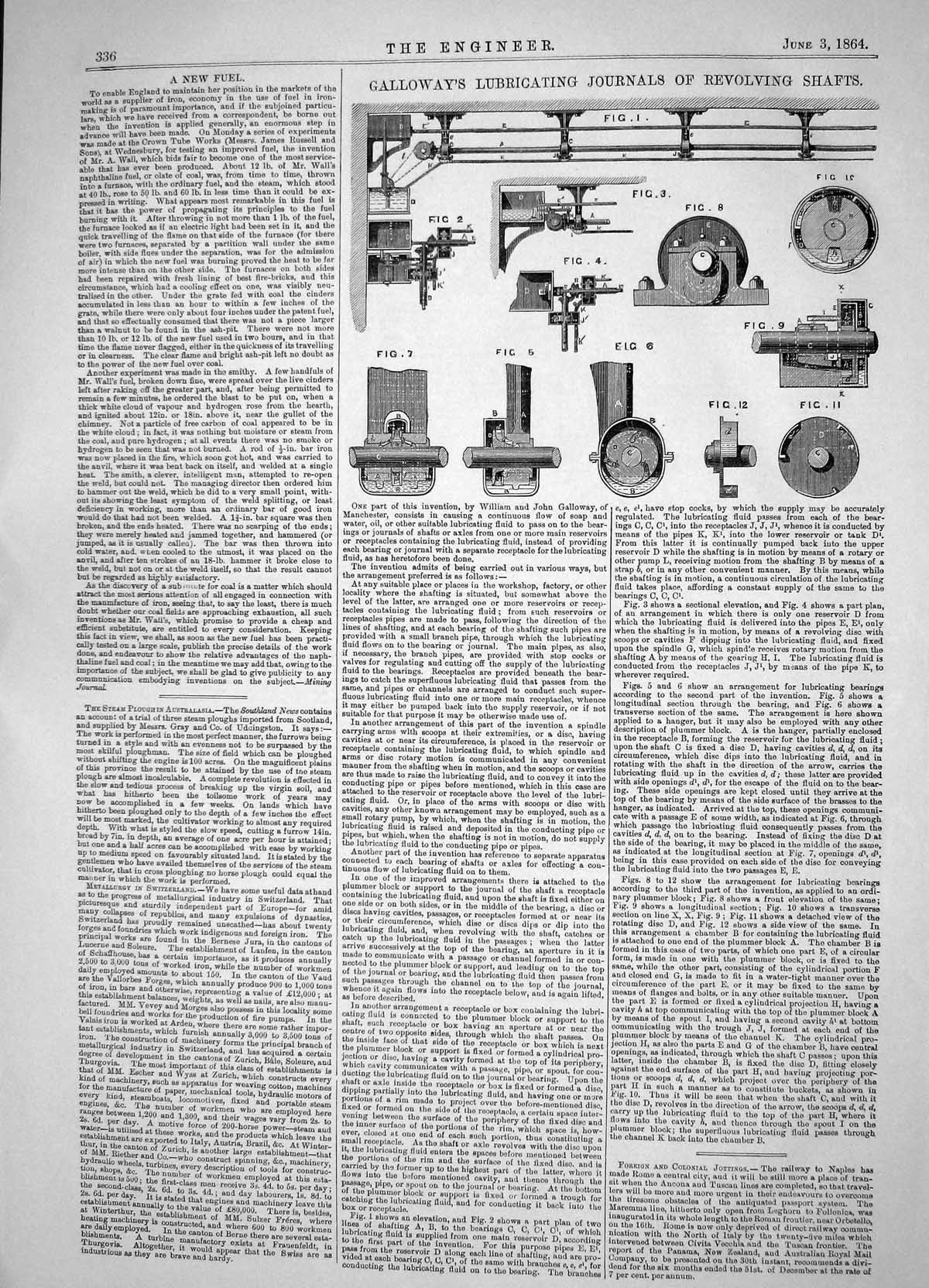 Old Print Engineering 1864 Galloway Lubricating Journals Revolving Shafts 19th