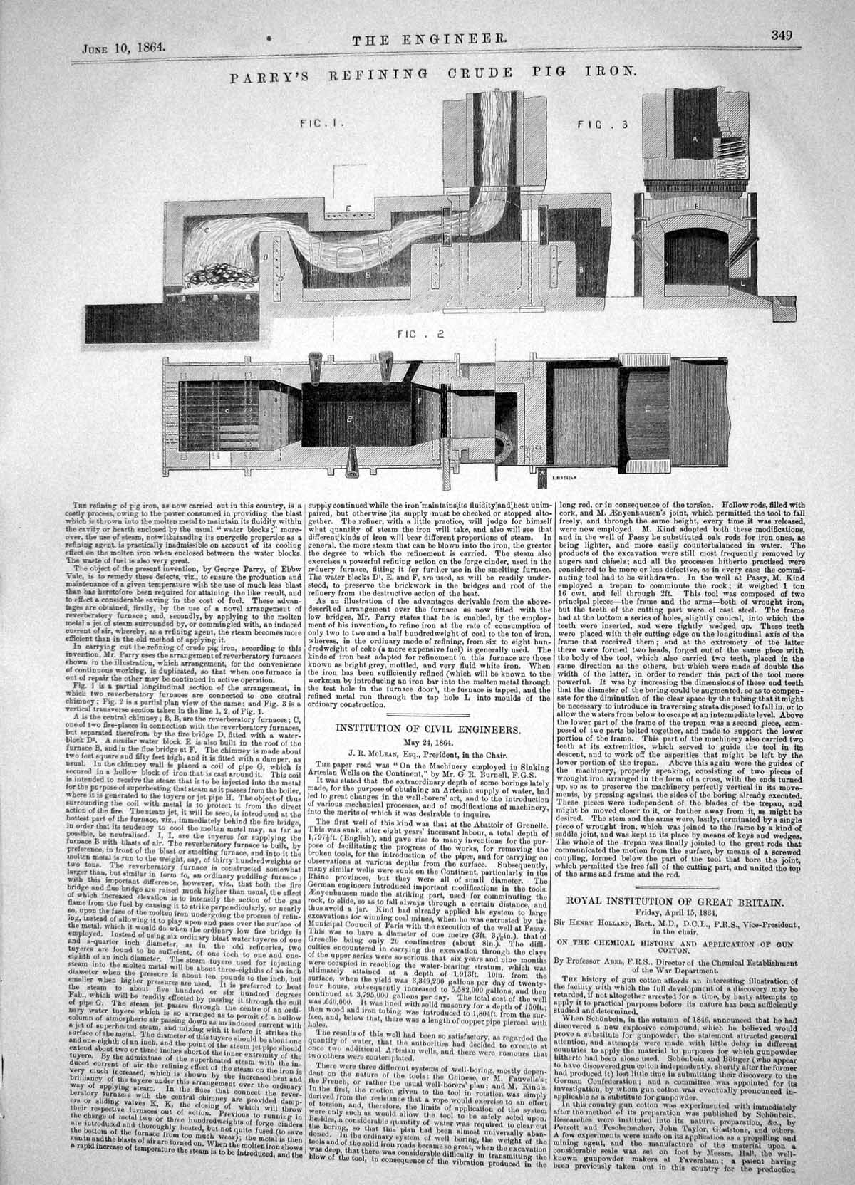 Antique Old Print Engineering 1864 Parry Refining Crude Pig Iron Machinery 19th