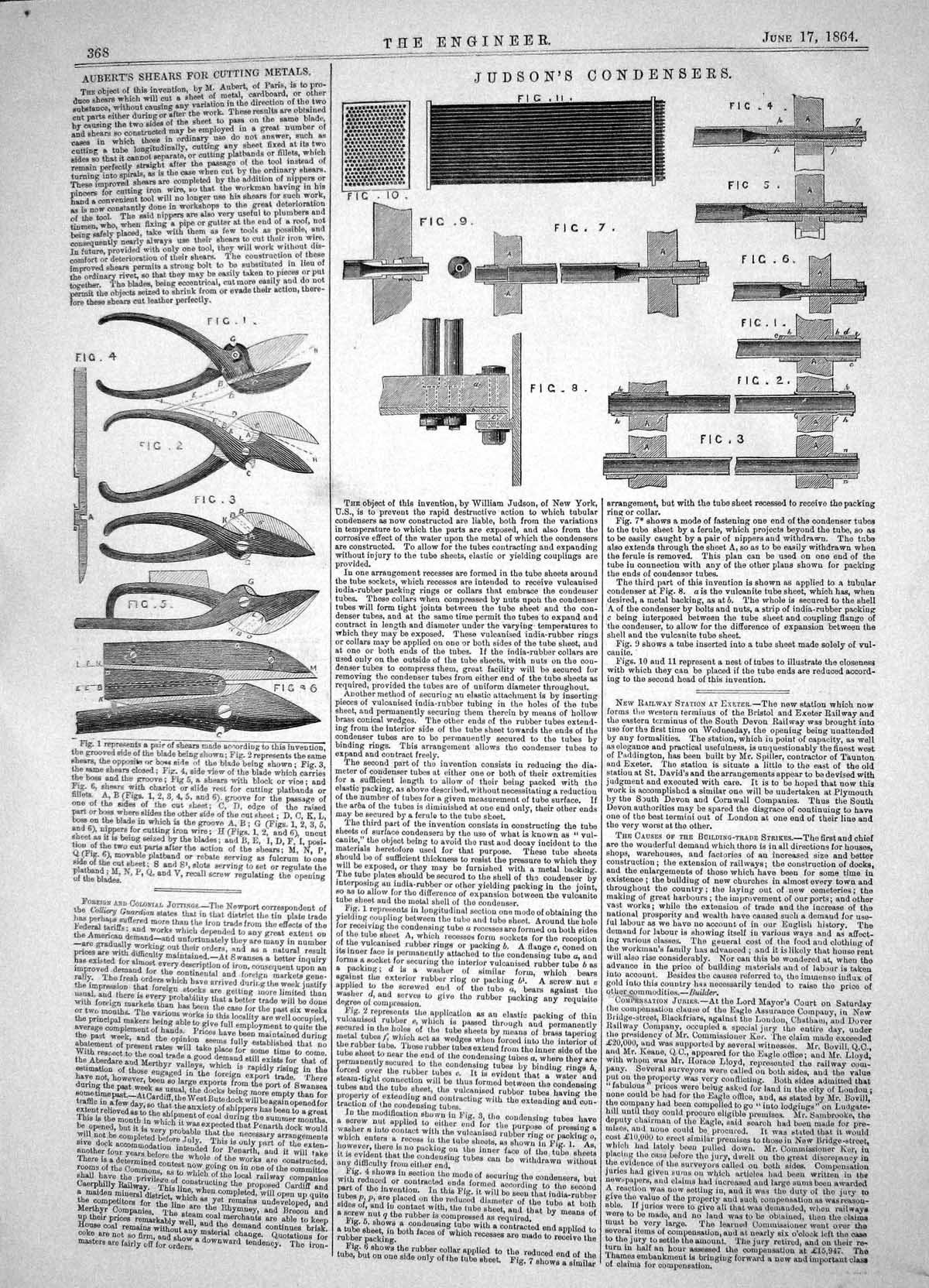 Old Print Engineering 1864 Judson Condensers Aubert Shears Cutting Metals 19th