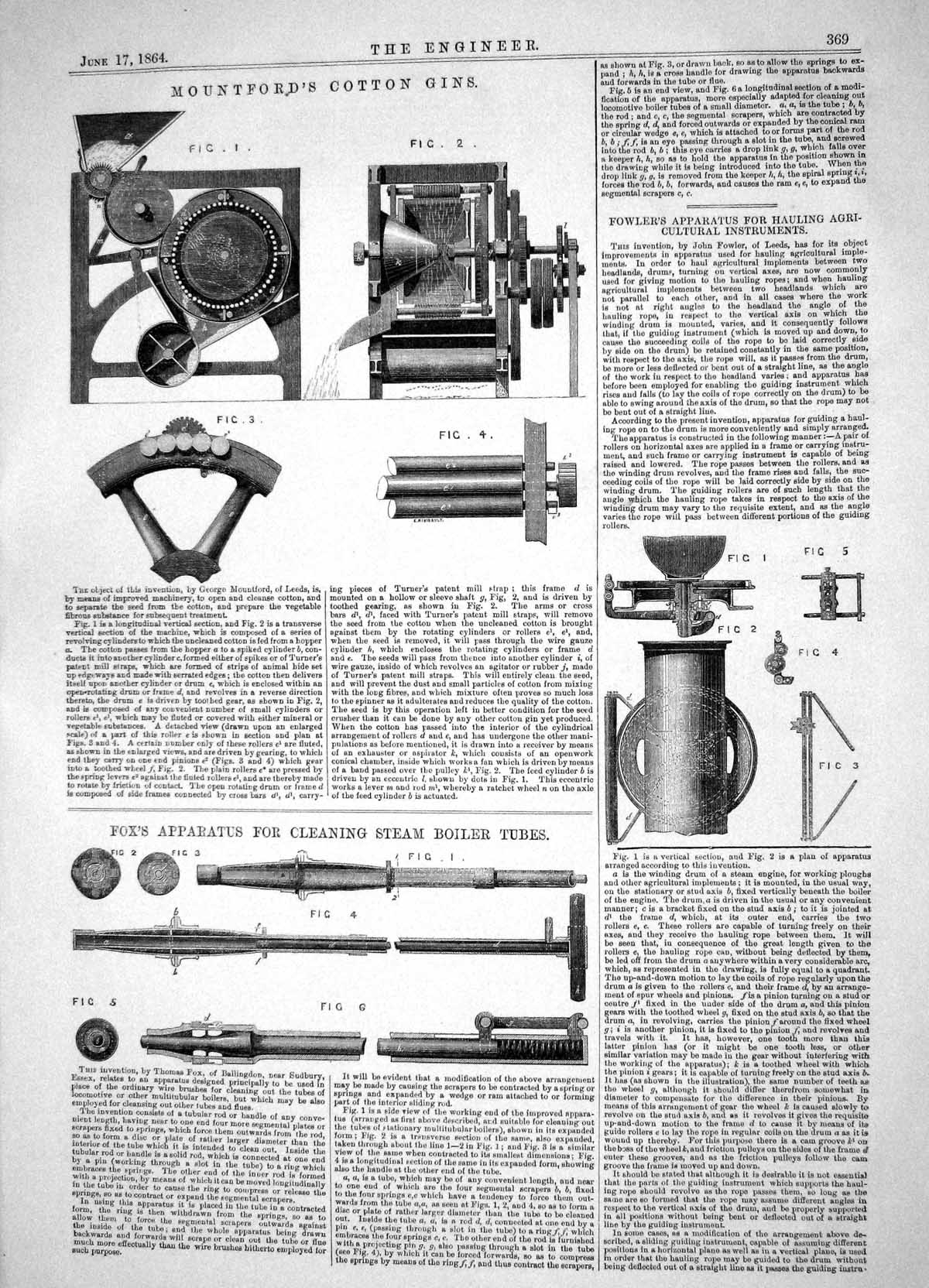 Antique Print 1864 Mountford Cotton Gins Fowler Apparatus Fox Boiler Tubes 19th