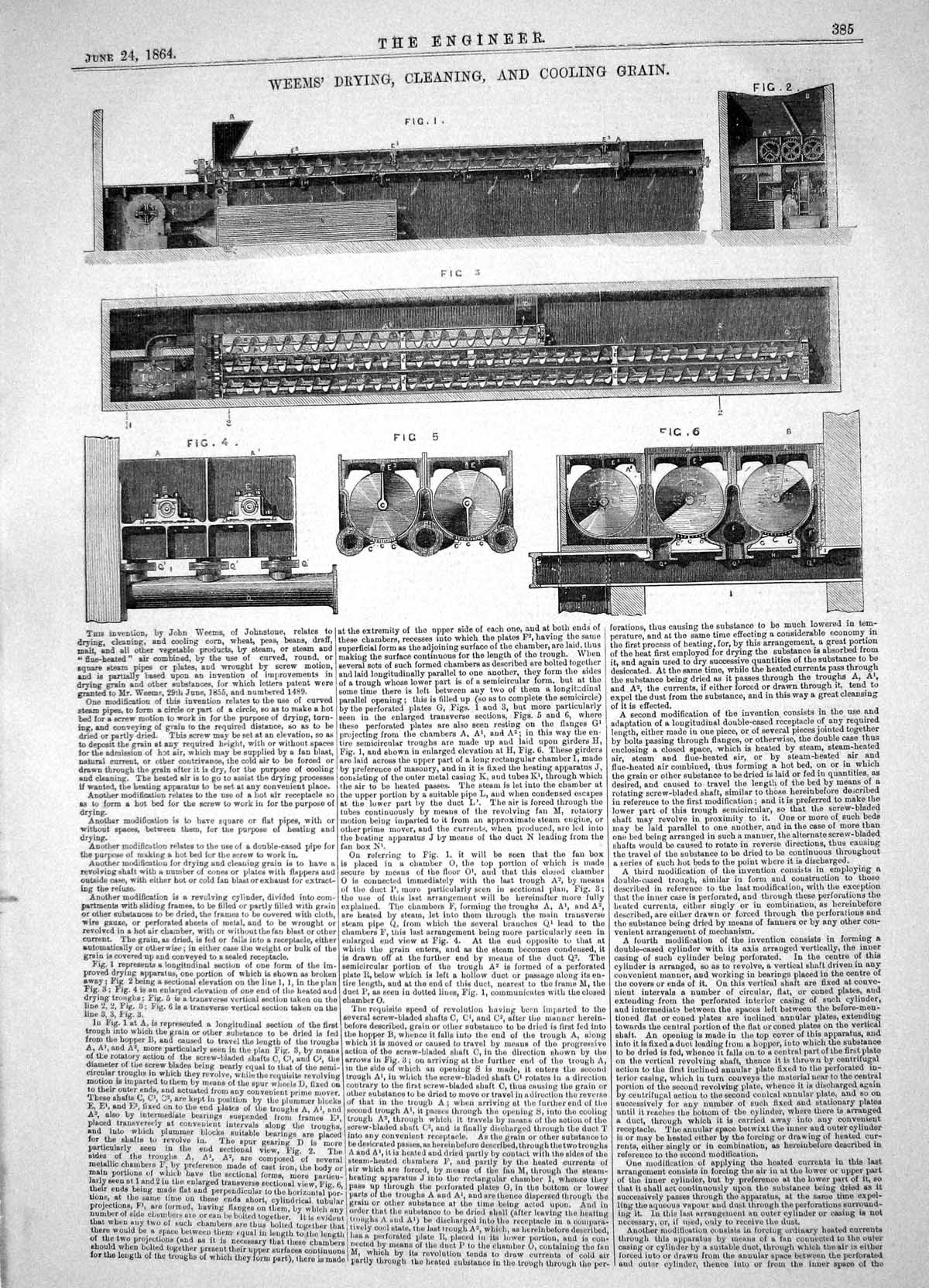 Antique Print Weems Drying Cleaning Cooling Grain Machinery Apparatus 1864 19th