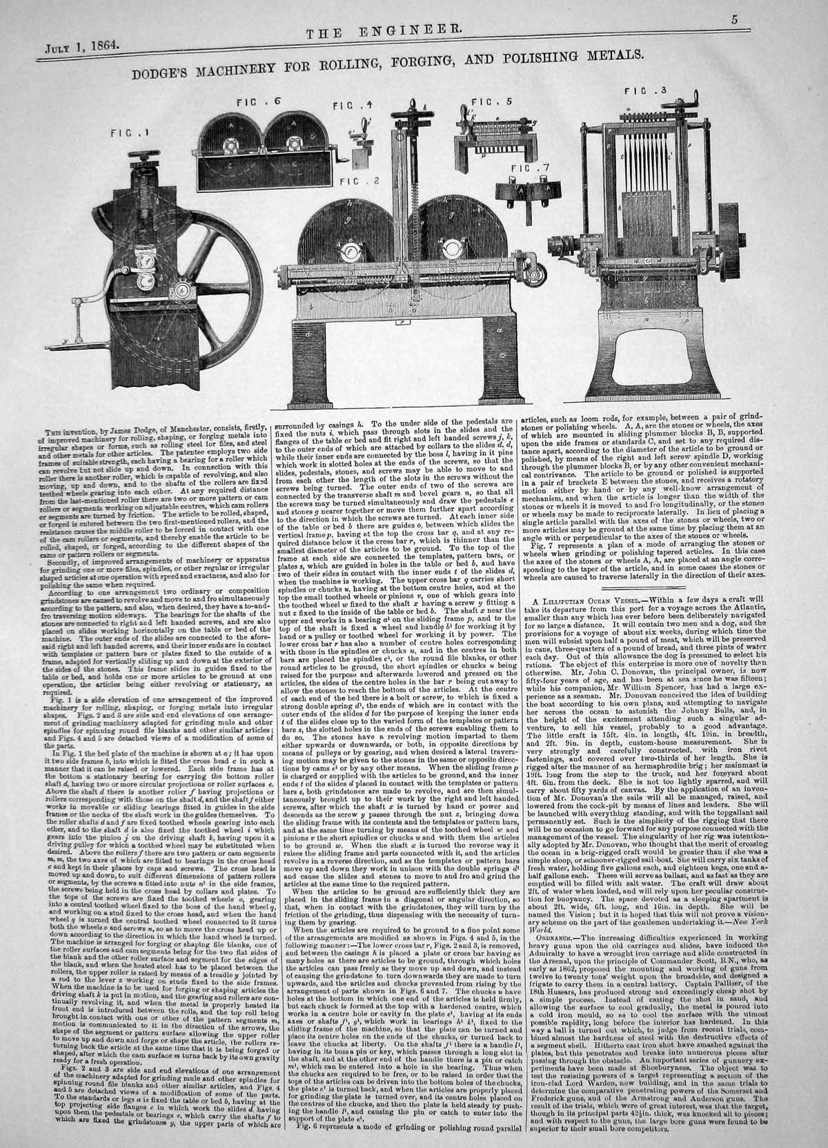 Old Print 1864 Invention Dodge Machinery Rolling Forging Polishing Metals 19th