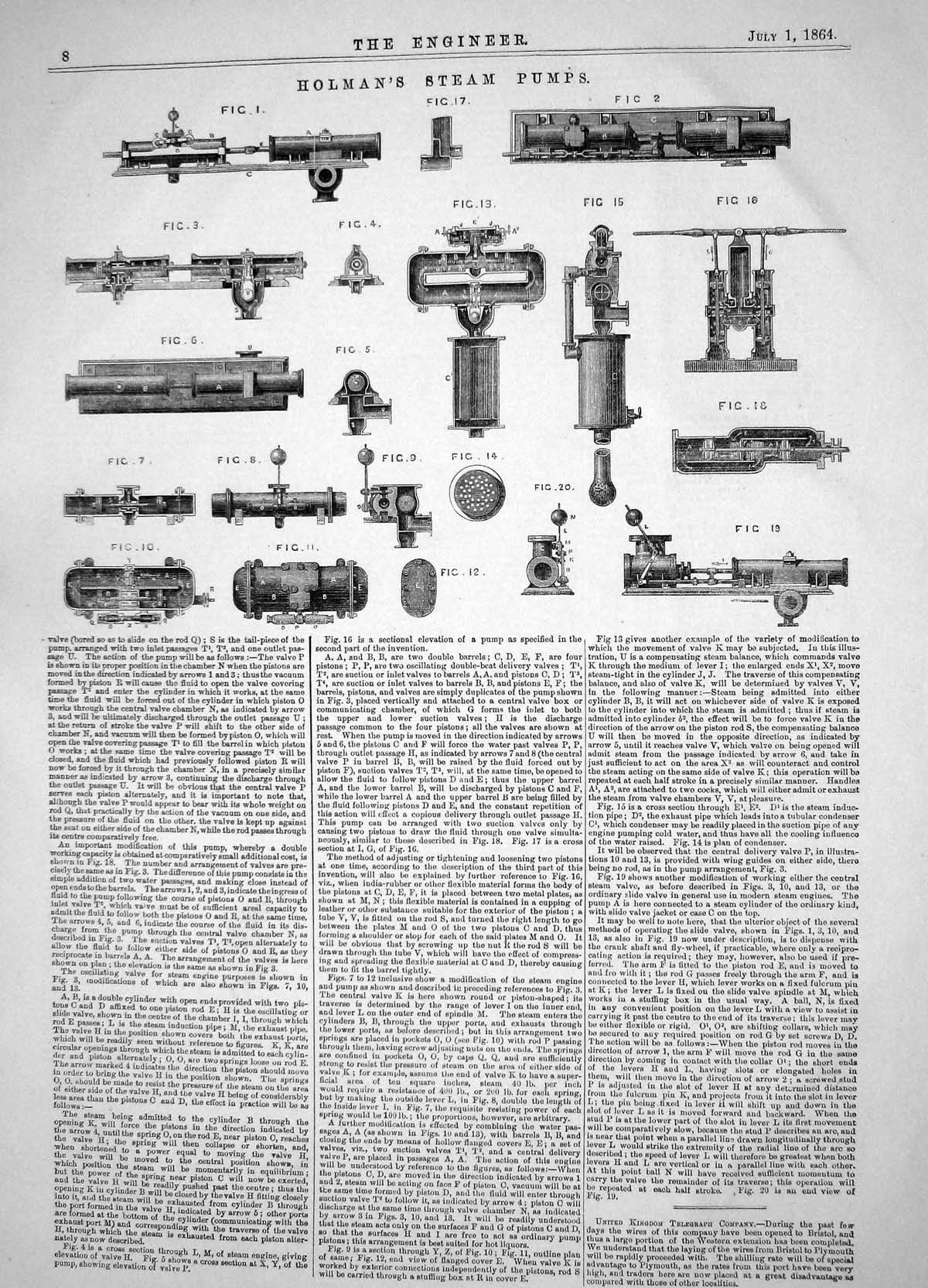 Old Antique Print Engineering 1864 Invention Stephen Holman Steam Pumps 19th