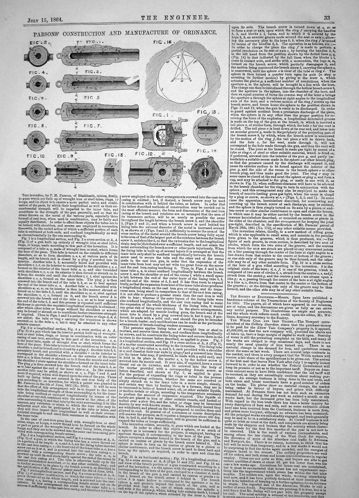 Old Engineering 1864 Invention Parsons Construction Manufacture Ordna Victorian