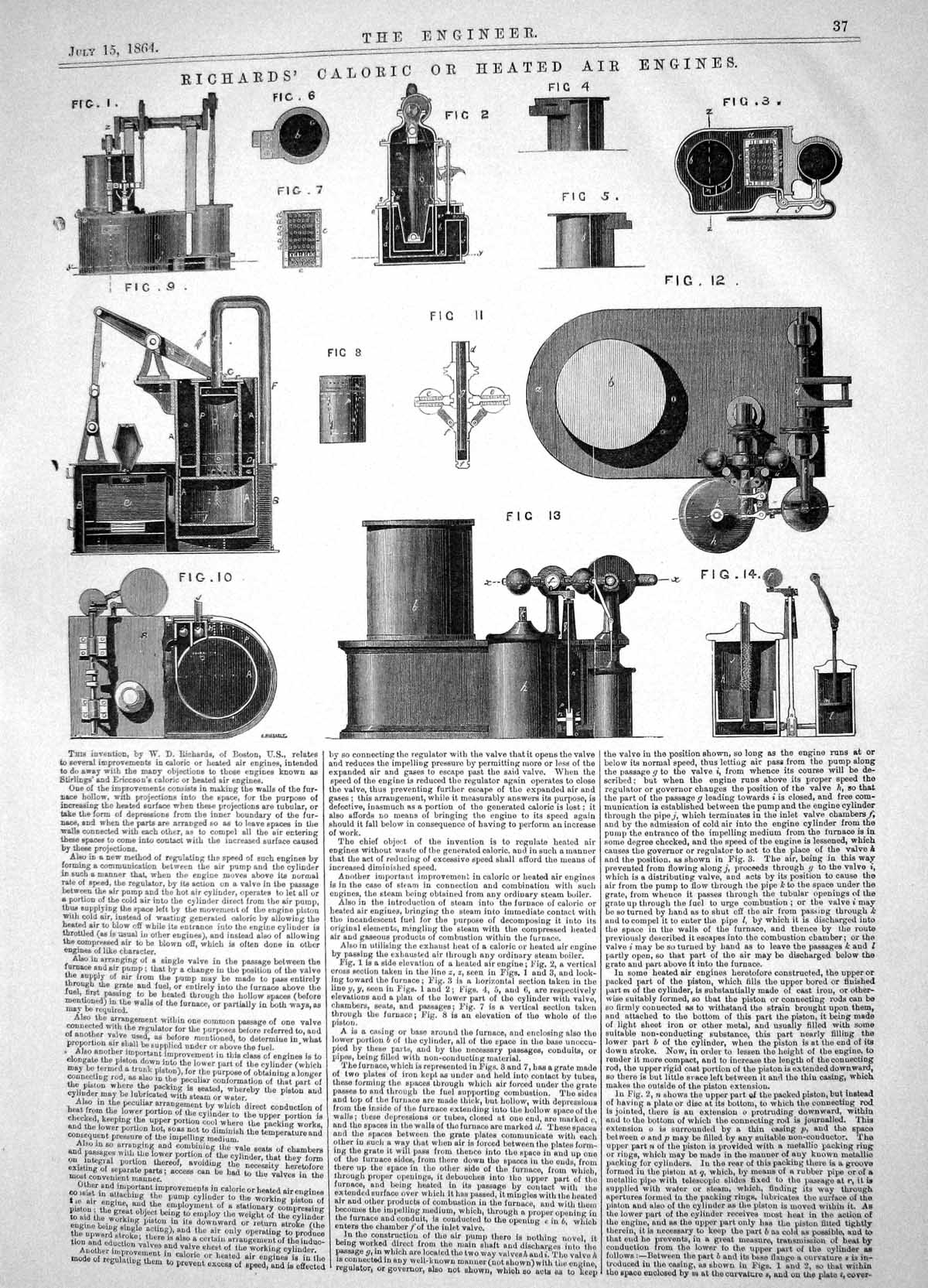 Antique Print 1864 Invention Richards Caloric Heated Air Engines Machinery 19th