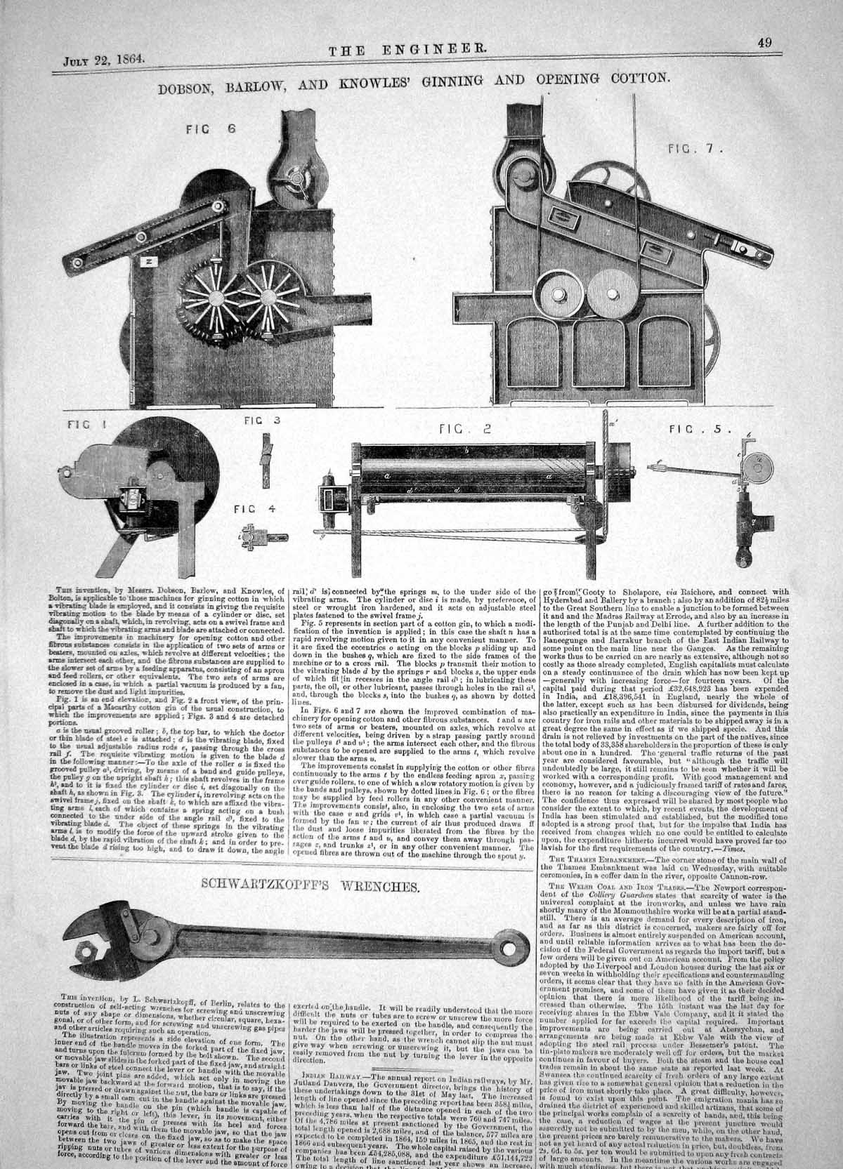 Old Print 1864 Dobson Barlow Knowles Ginning Cotton Schwartzkopss Wrench 19th