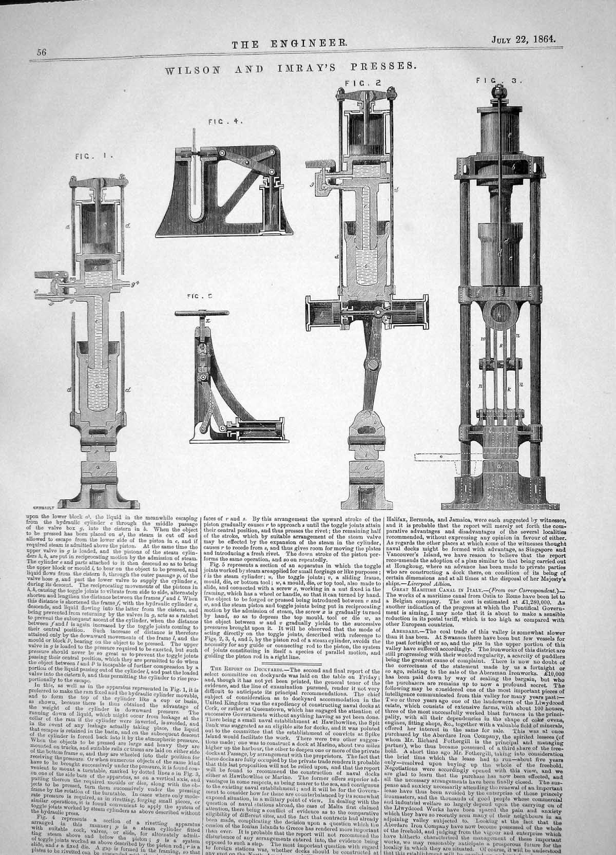 Antique Old Print Engineering 1864 Invention Wilson Imray Presses Machinery