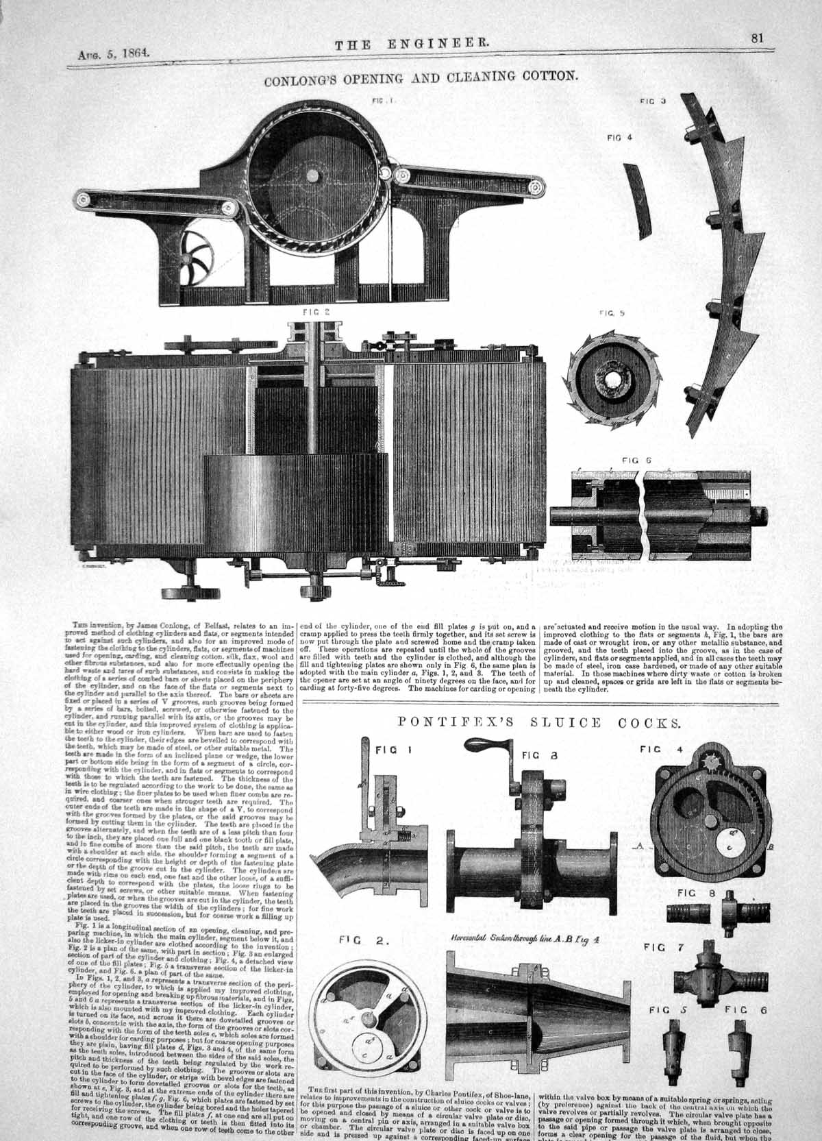 Old Engineering 1864 James Conlong Cleaning Cotton Pontifex Sluice Co Victorian