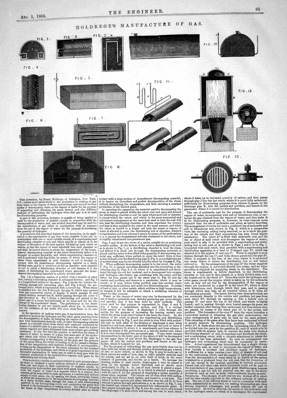 Old Print Engineering 1864 Invention Henry Hrege Manufacture Gas Machine 19th