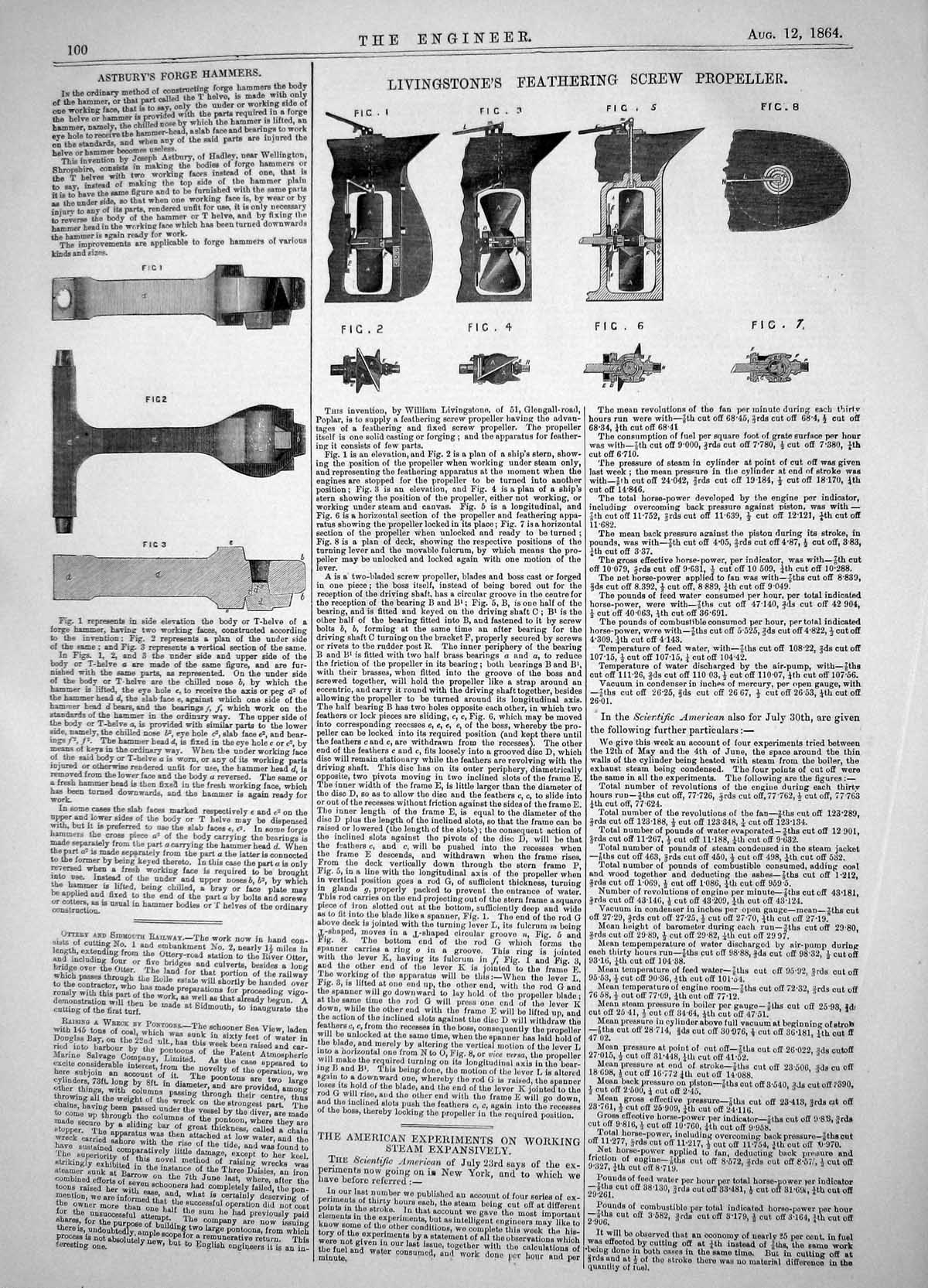 Antique Old Print 1864 Astbury Forge Hammers Livingstone Feathering Propeller
