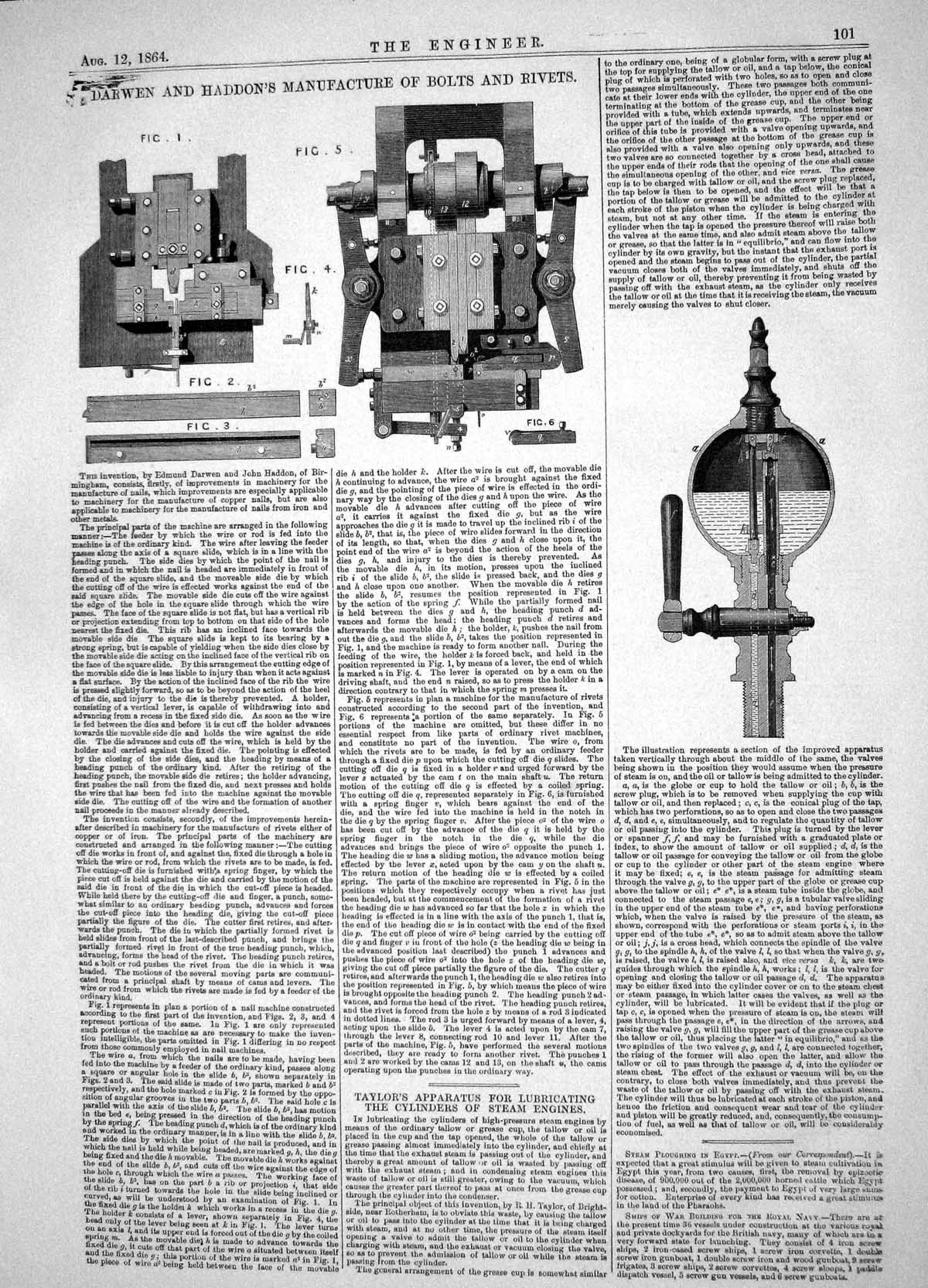 Antique Old Print 1864 Invention Edmund Darwen John Haddon Manufacture Bolts