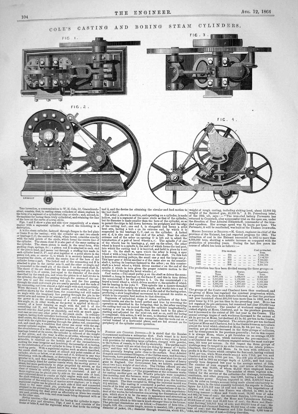 Antique Print 1864 Invention Cole Casting Boring Steam Cylinders Machinery 19th