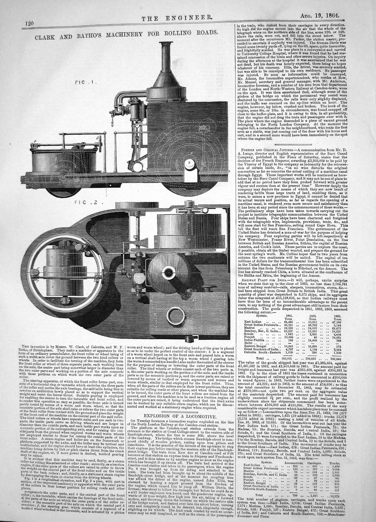 Old Print Engineering 1864 Invention Clark Batho Machinery Rolling Roads 19th
