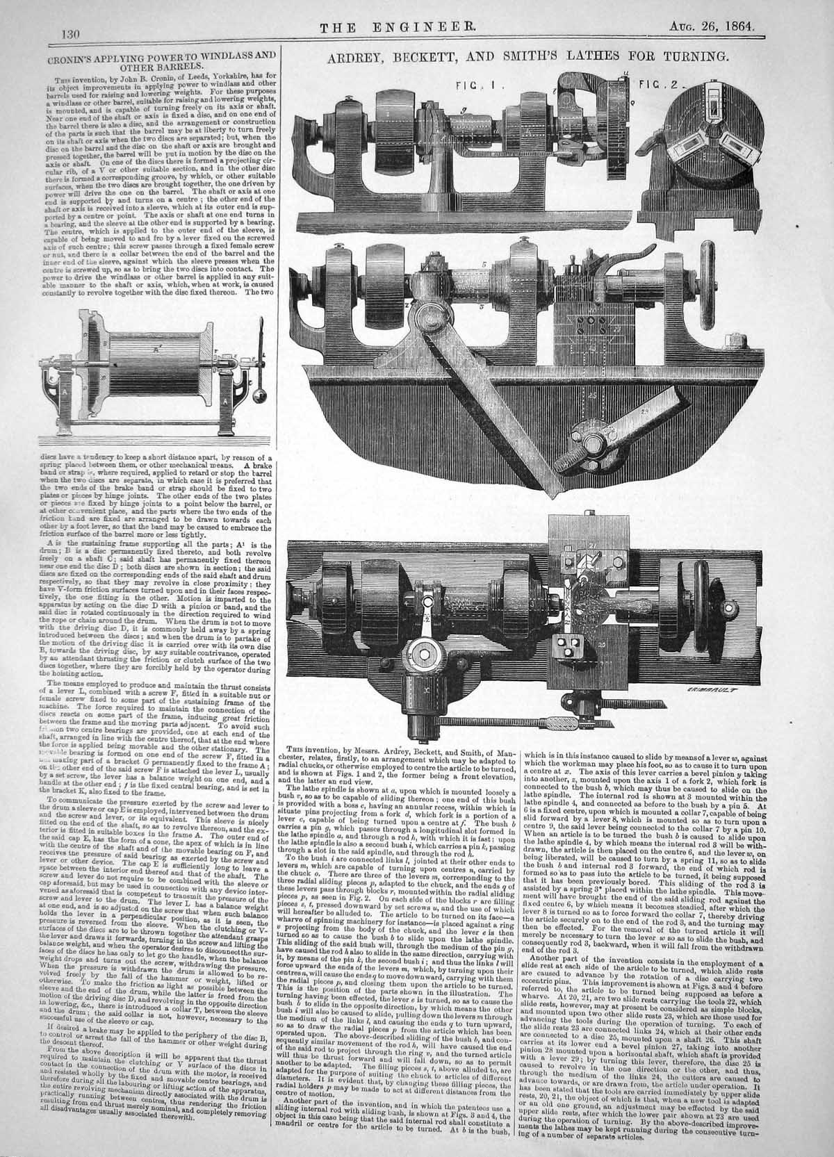 Old Print 1864 Ardery Beckett Smith Lathes Turning Cronin Power Windlass 19th