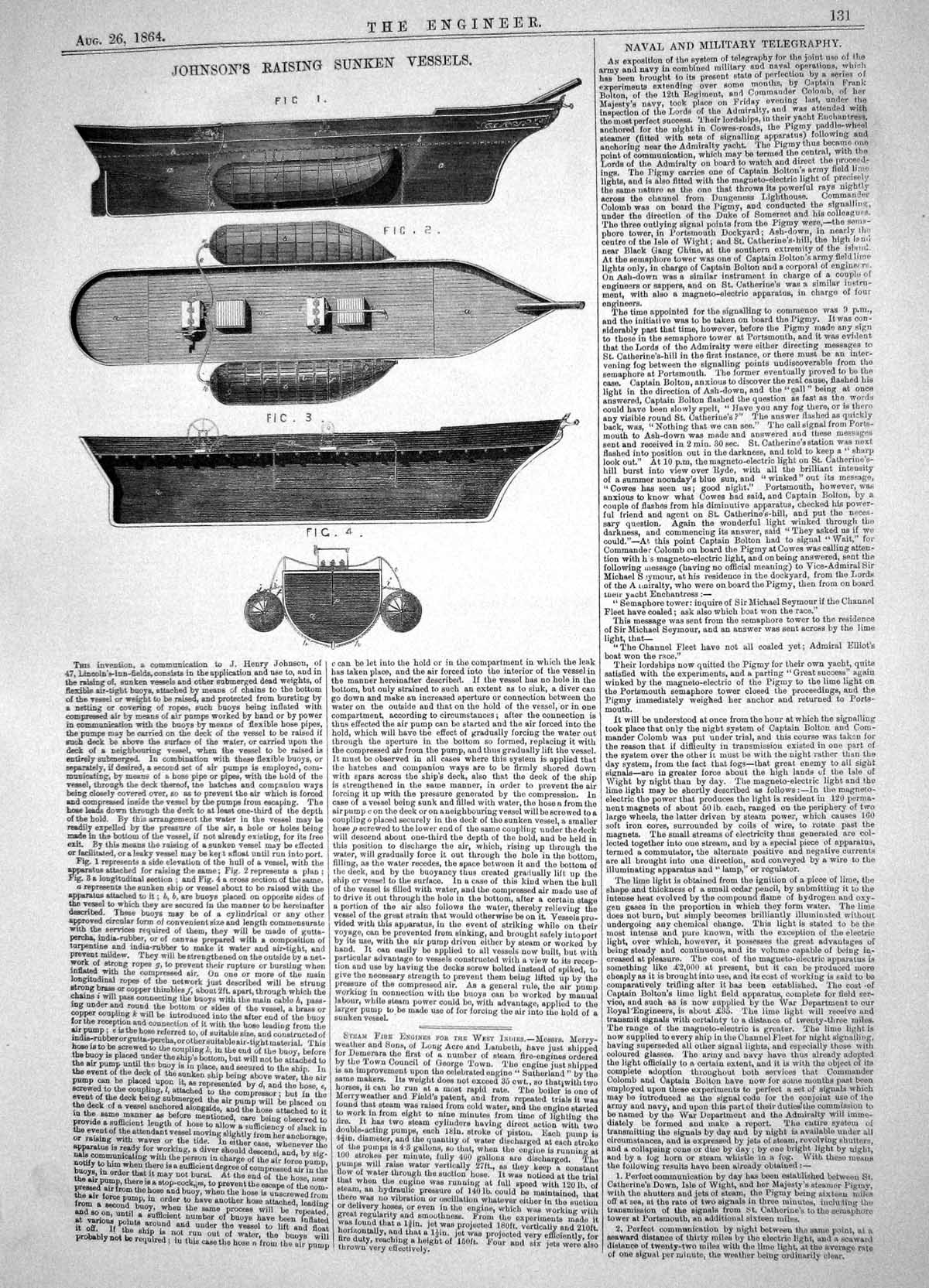 Old Print Engineering 1864 Invention Henry Johnson Raising Sunken Vessels 19th