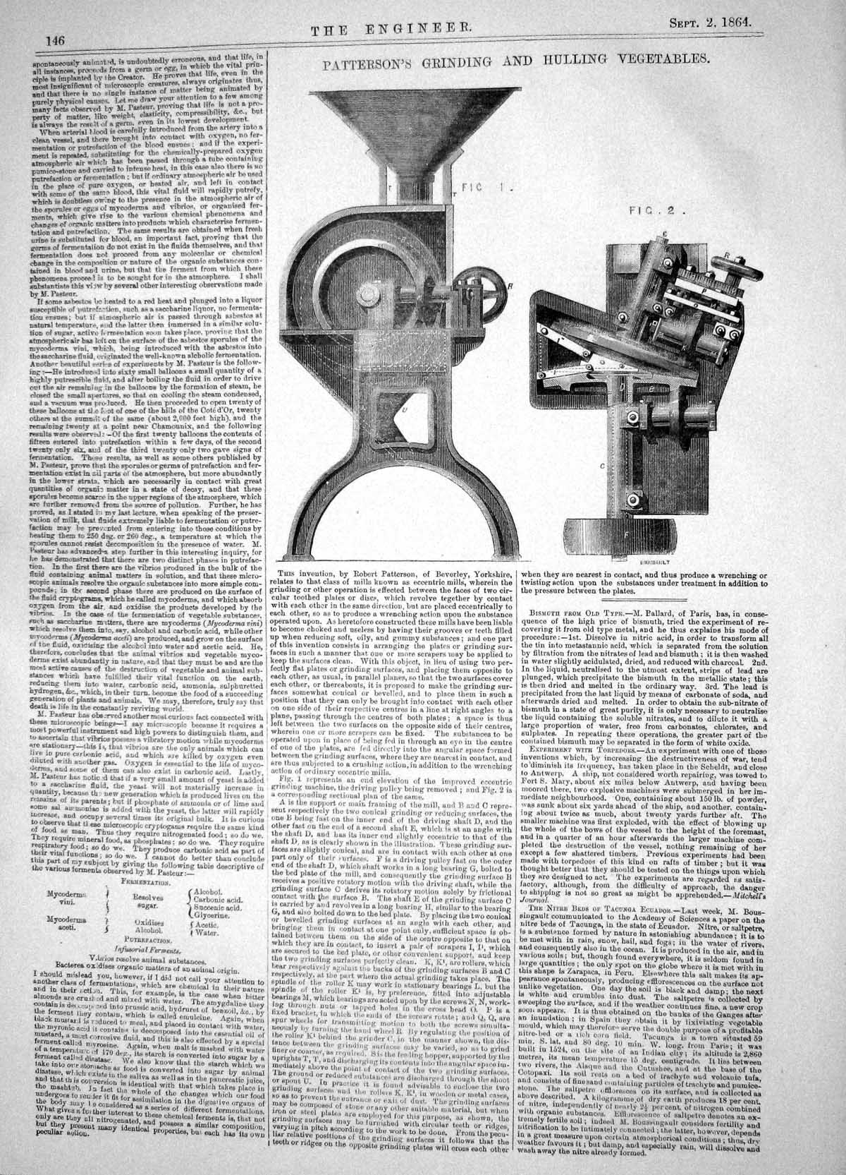 Antique Old Print 1864 Invention Robert Patterson Grinding Hulling Vegetables