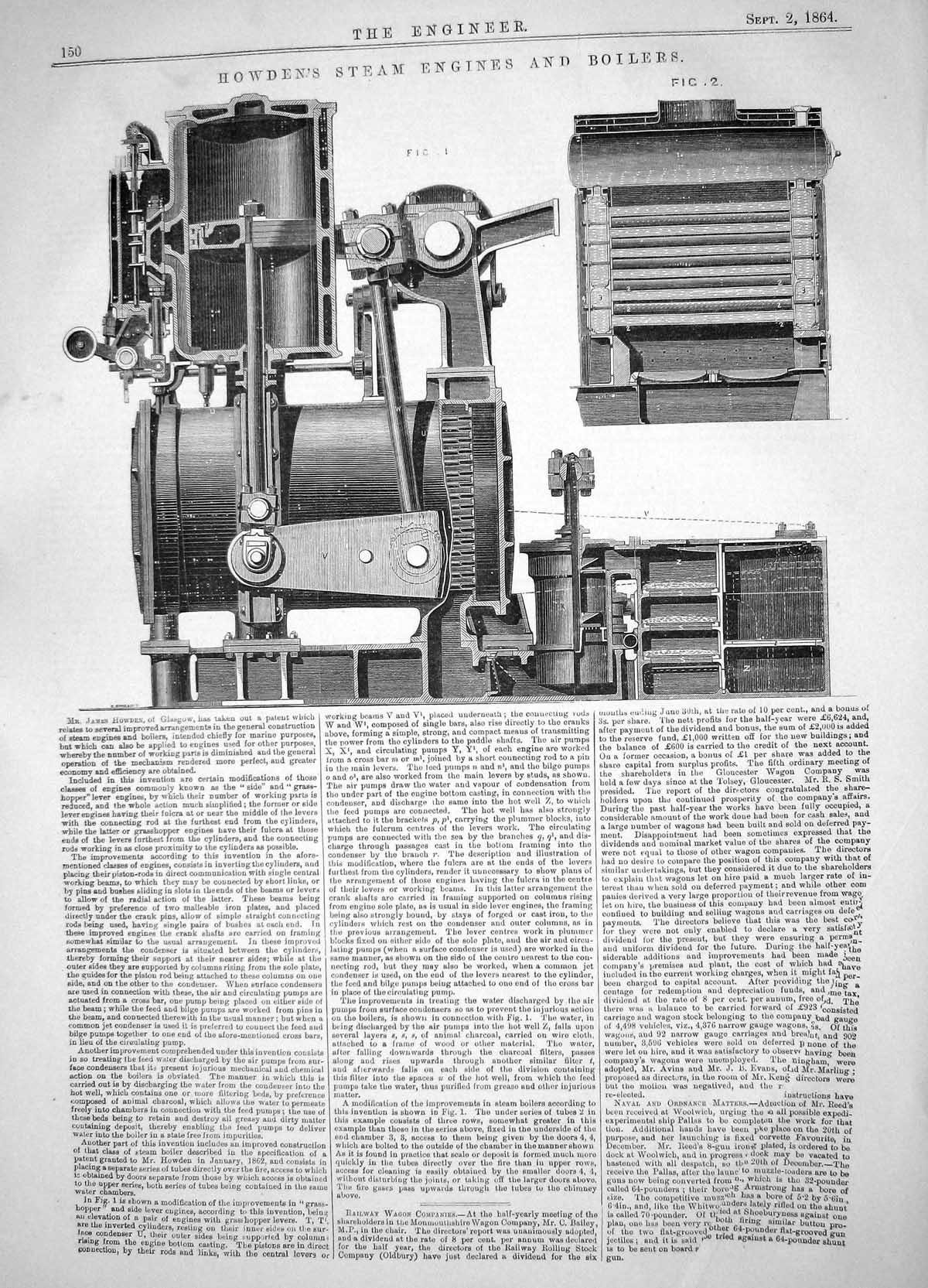 Antique Old Print 1864 Invention James Howden Steam Engines Boilers Machinery