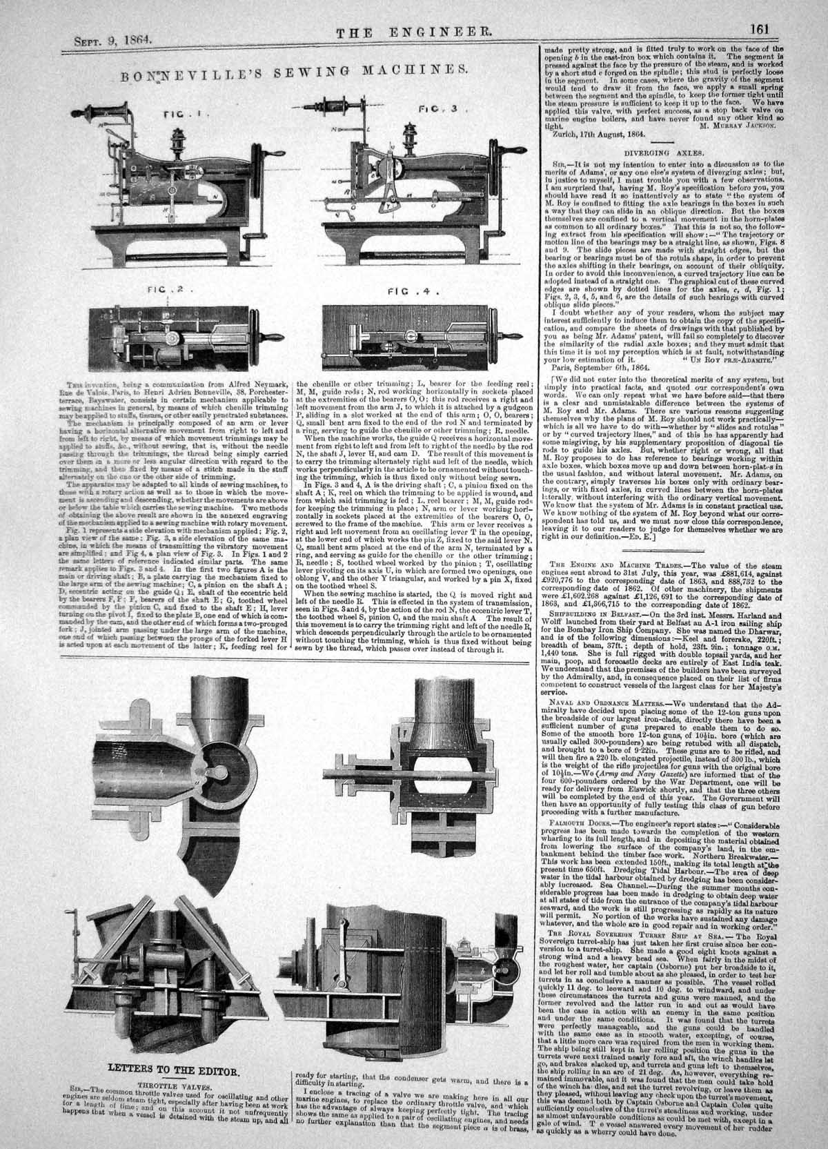Antique Old Print Engineering 1864 Bonneville Sewing Machines Throttle Valves