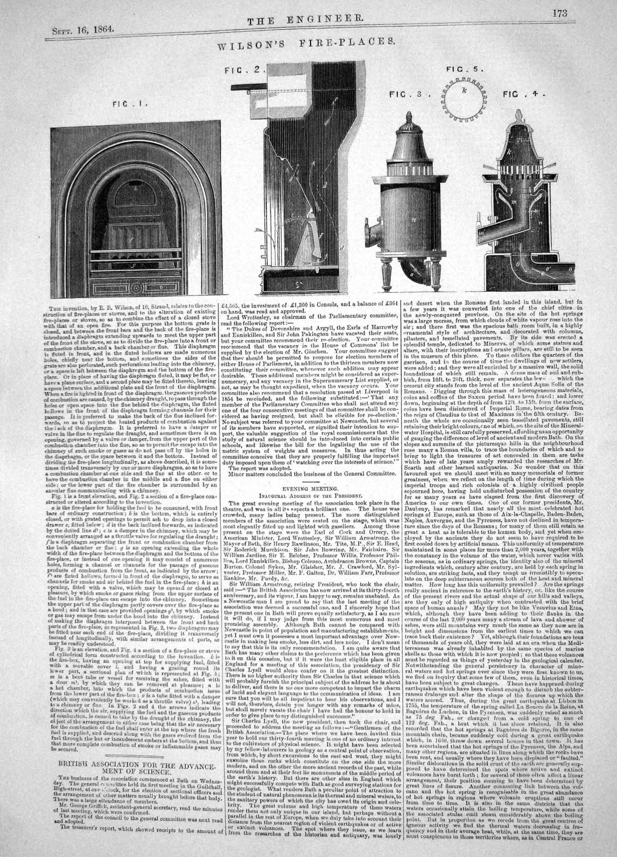 Antique Old Print Engineering 1864 Invention Wilson Fireplaces Strand London