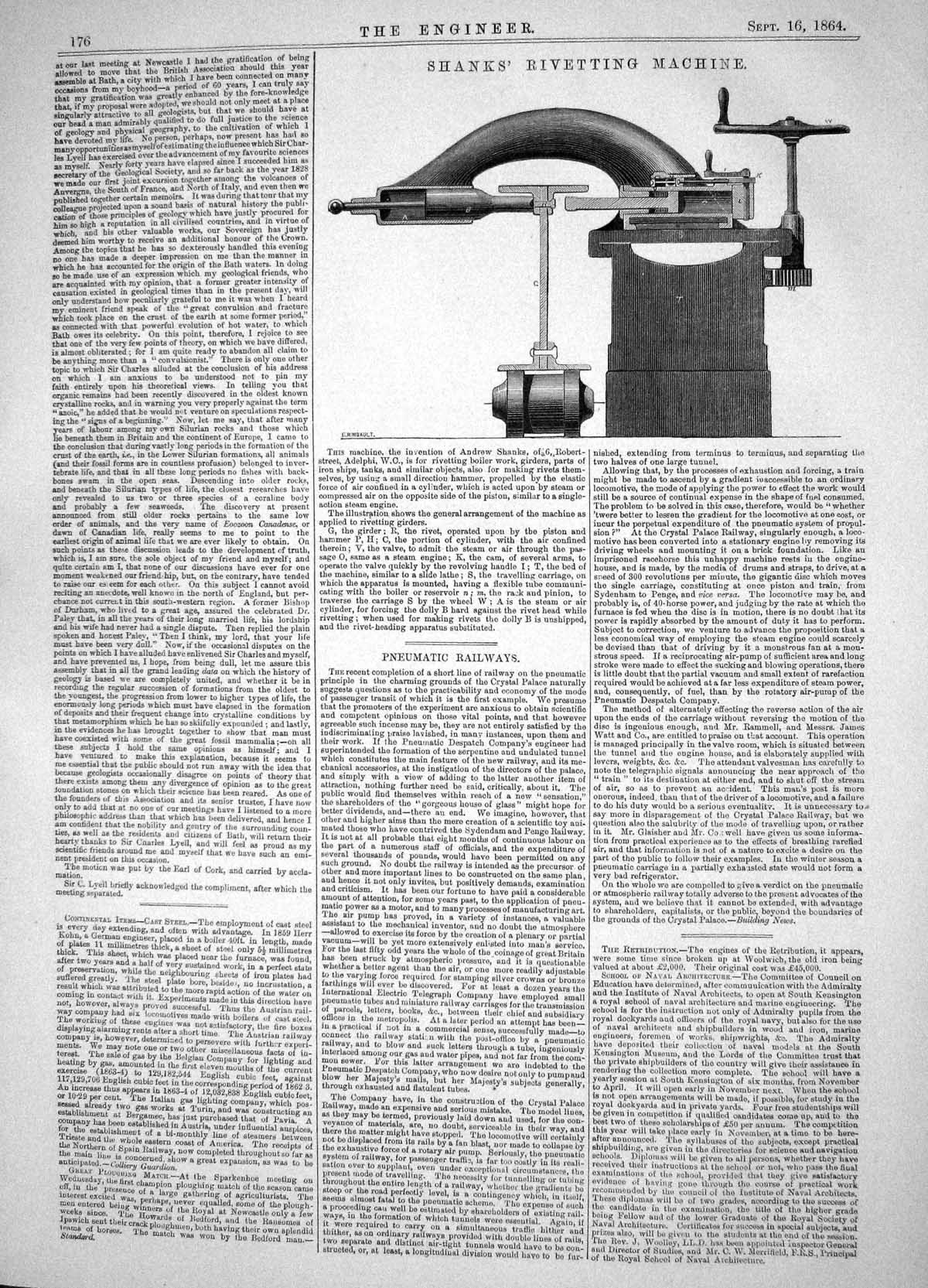 Antique Print Engineering 1864 Invention Andrew Shanks Rivetting Machinery 19th