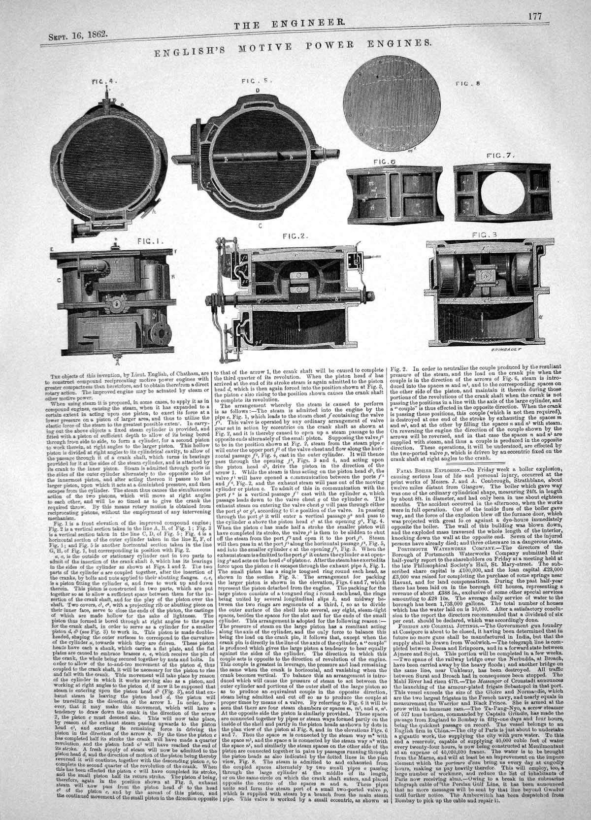 Old Print Engineering 1864 English Chatham Motive Power Engine Machinery 19th