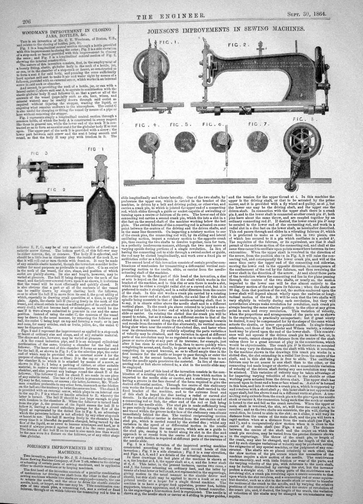 Old Print 1864 Johnson Improvements Sewing Machines Woodman Jars Bottles 19th